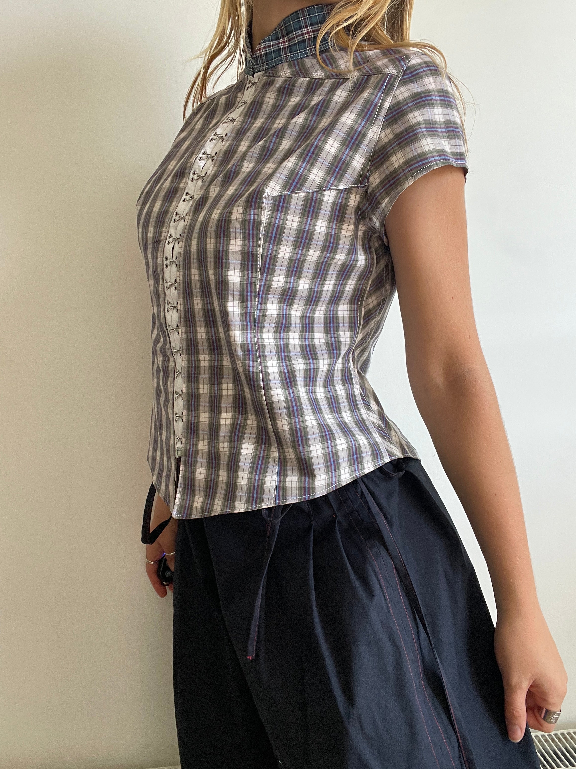 hook eye fitted checkered tartan shirt (lined)