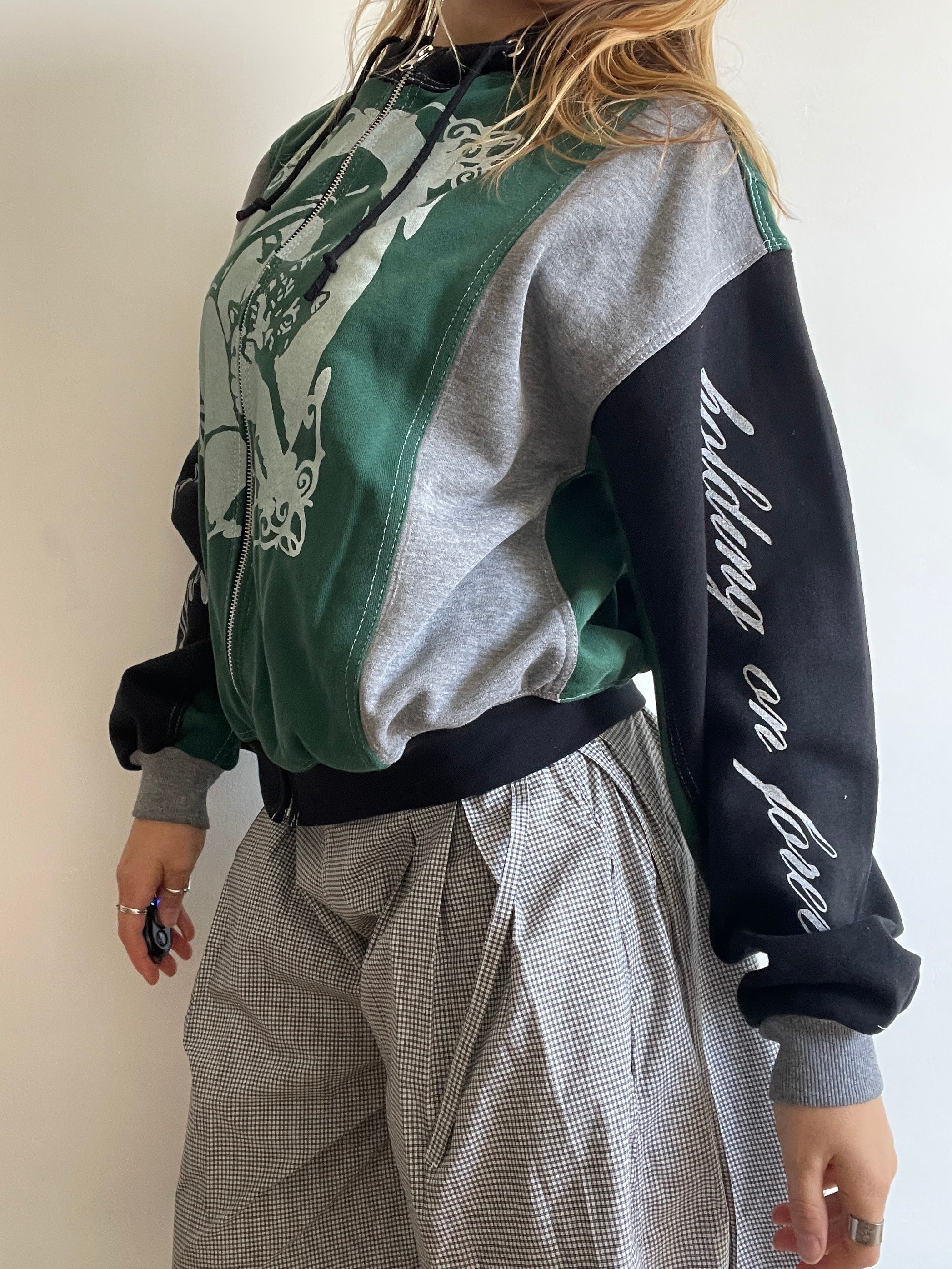 screen printed panelled cat girl zip up hoodie