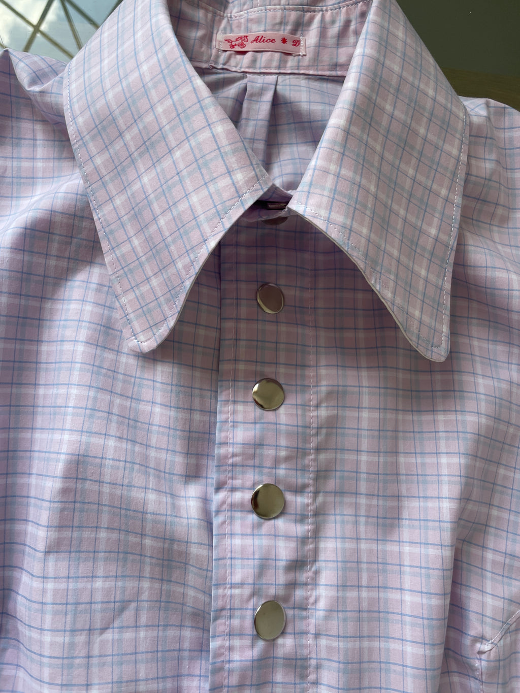 pink purple check snap button gathered drop waist dress with oversized collar
