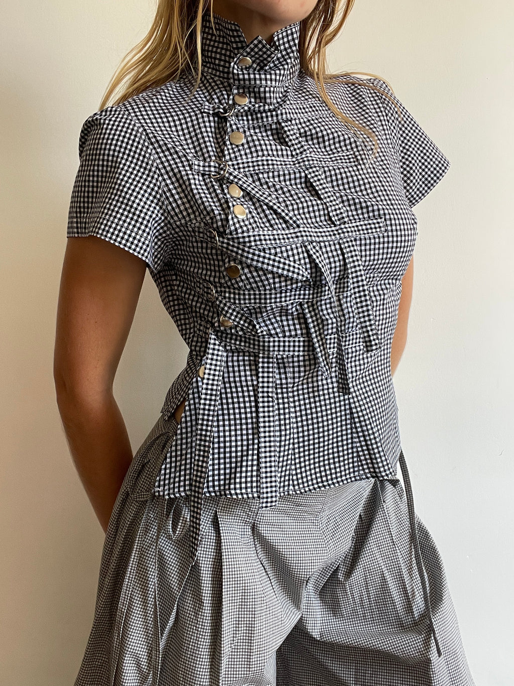 military style buckle asymetrical black gingham shirt