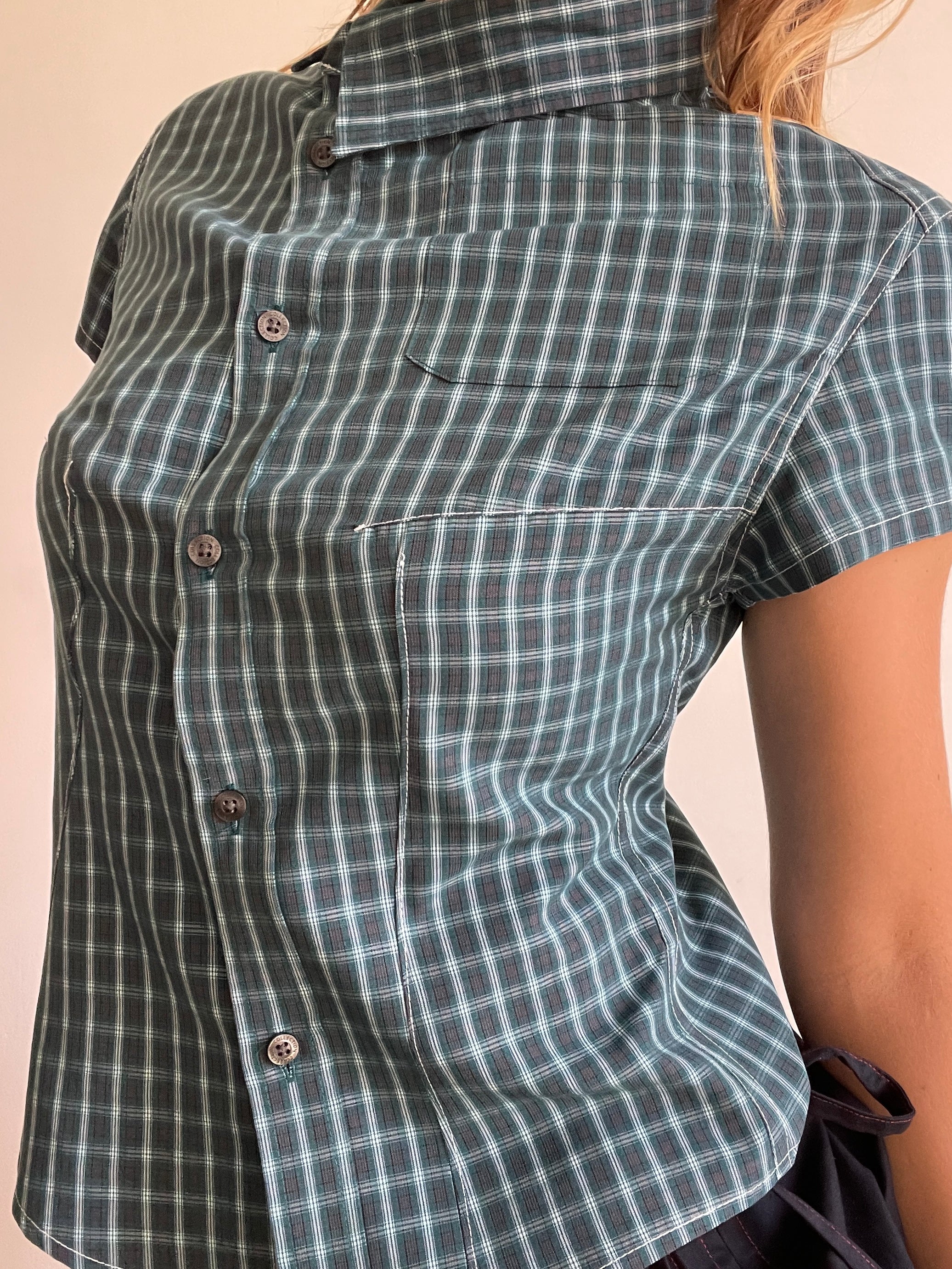 reworked green check asymmetrical button up shirt