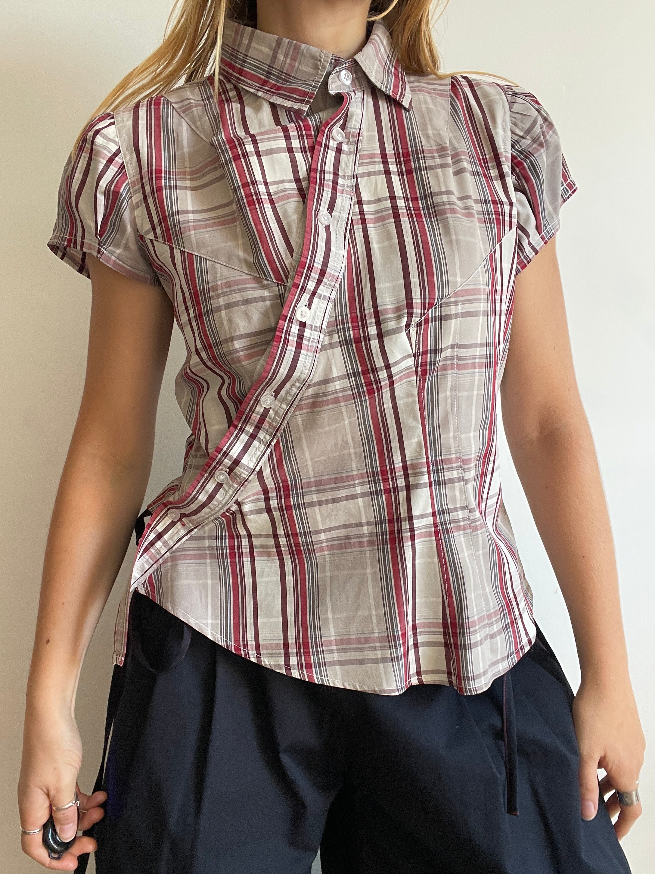 reworked asymetrical red beige checkered shirt