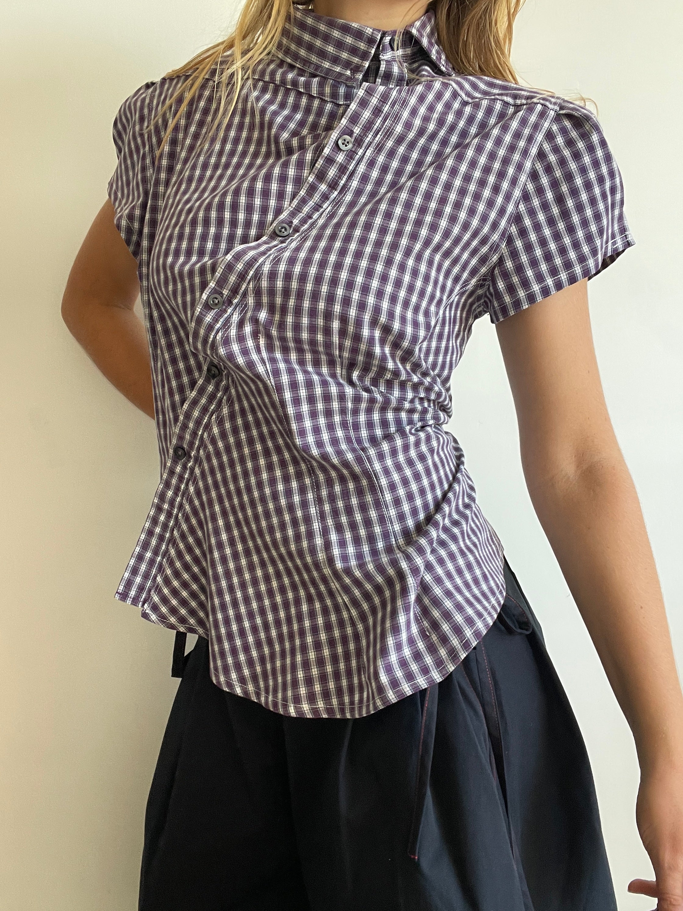 reworked asymetrical purple check shirt