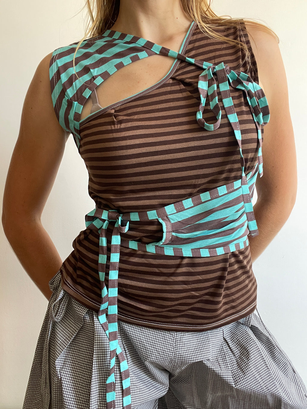 handmade ballet style tie up contrast striped tank