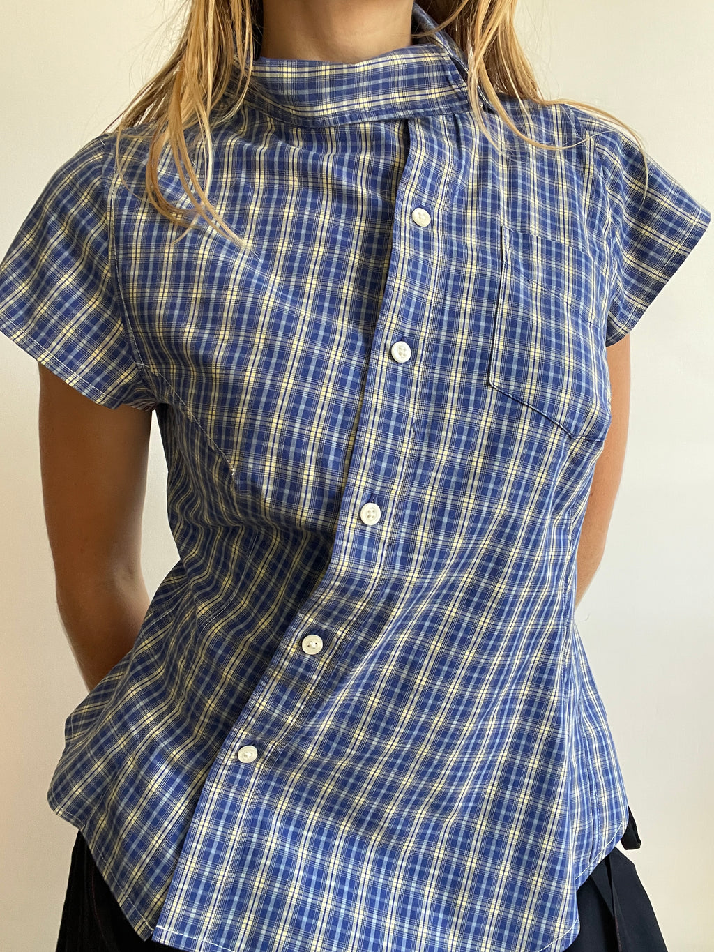 reworked blue yellow tartan asymetrical fitted shirt