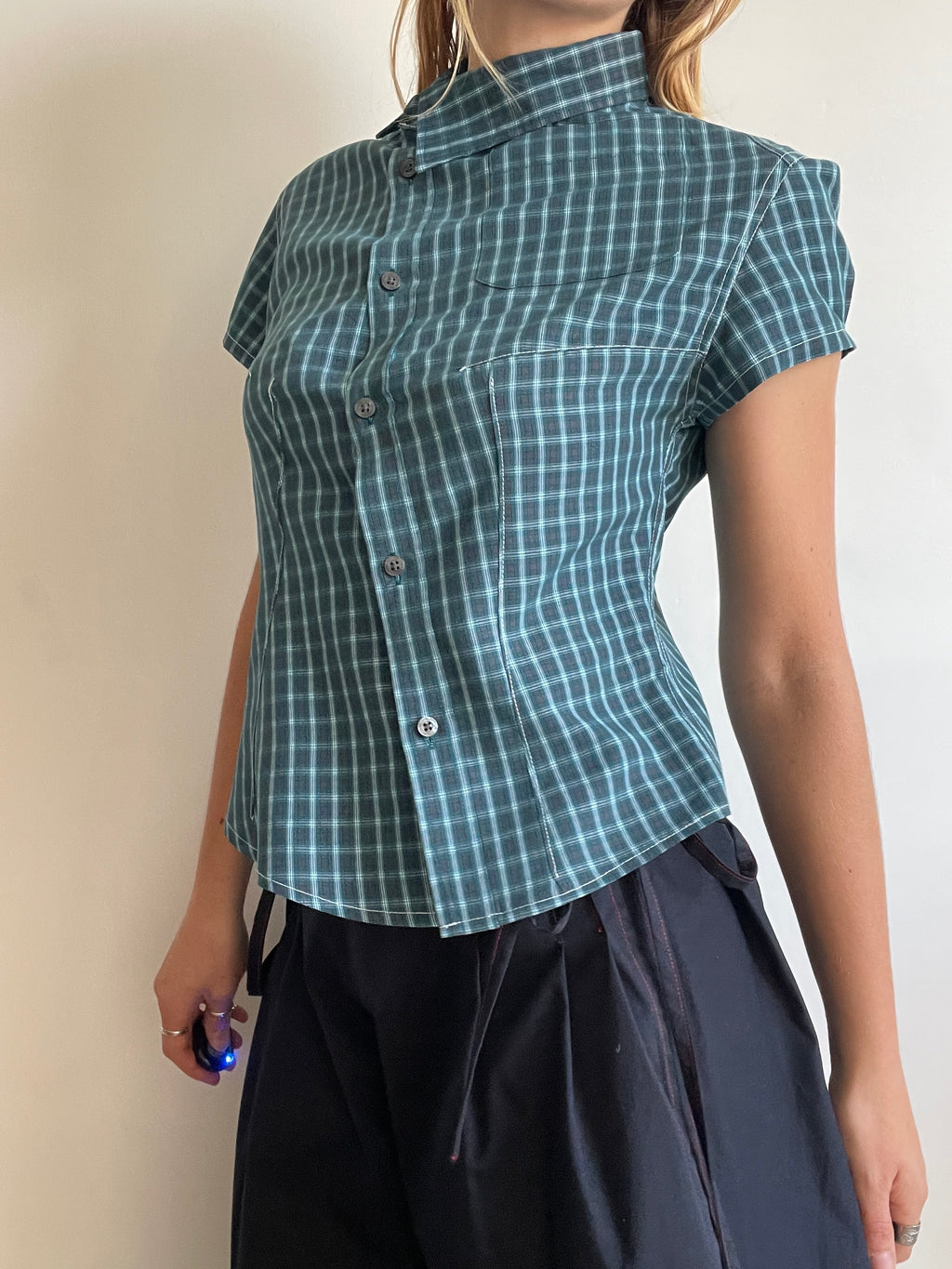 reworked green check asymmetrical button up shirt