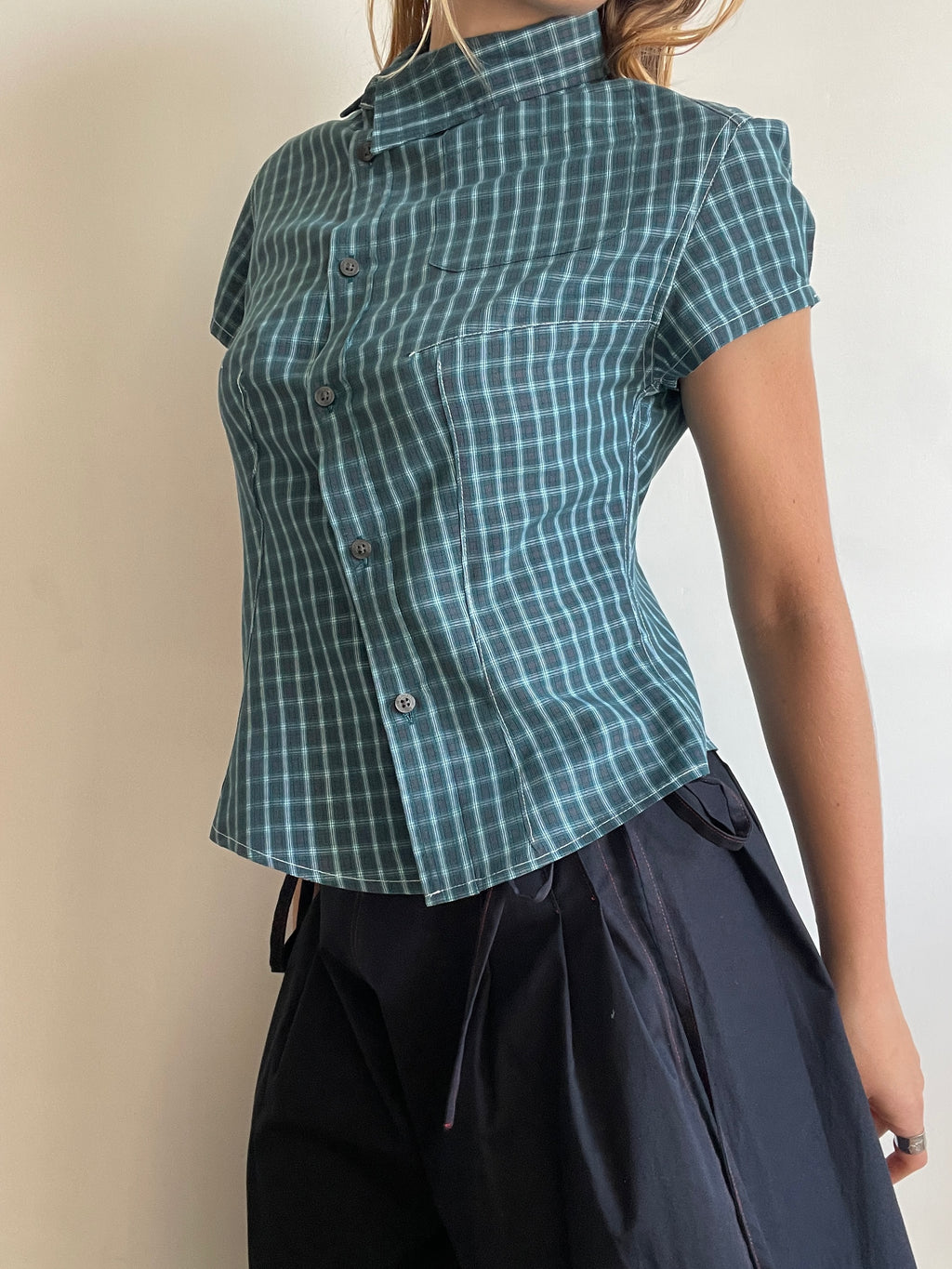 reworked green check asymmetrical button up shirt
