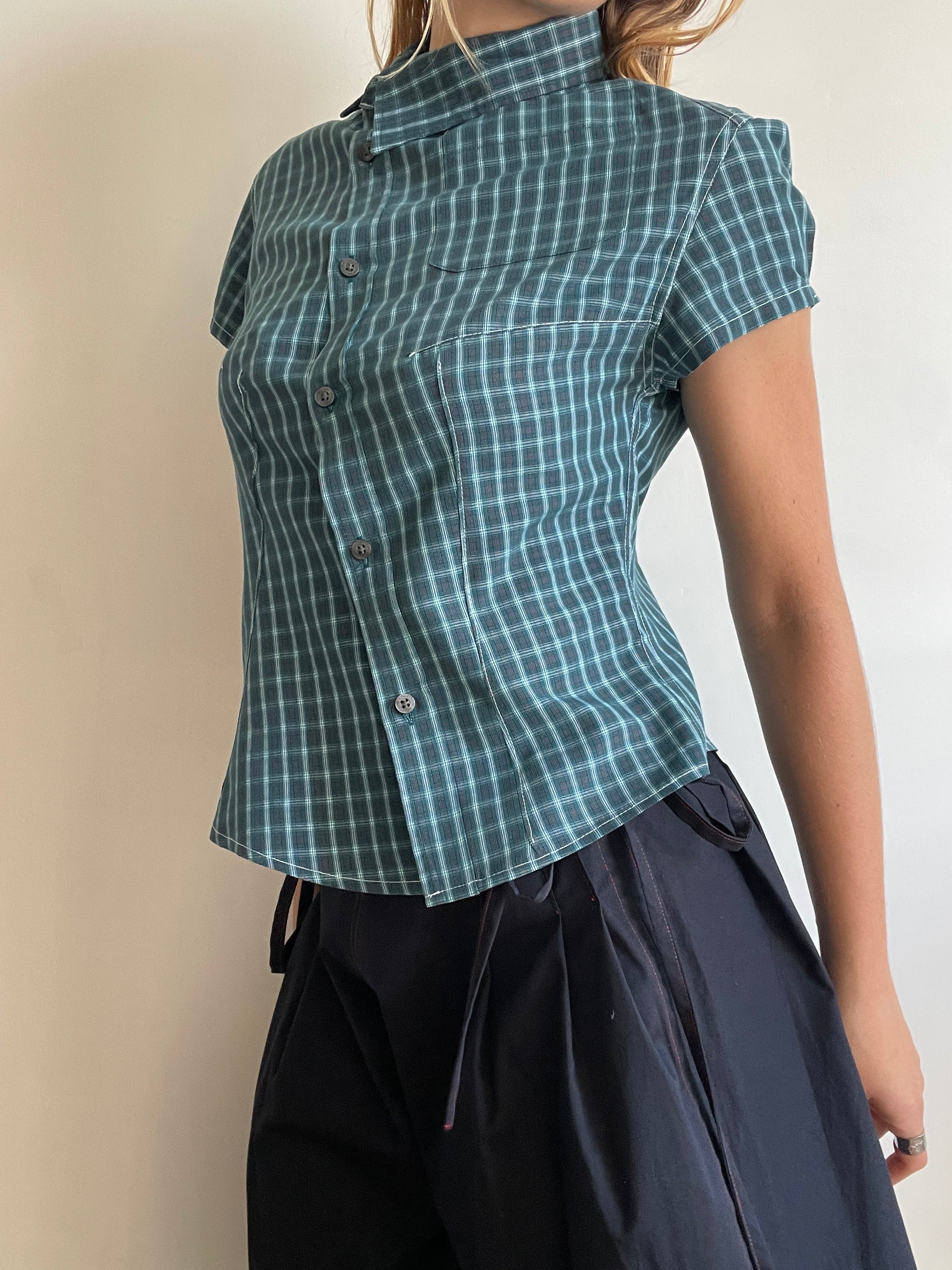 reworked green check asymmetrical button up shirt
