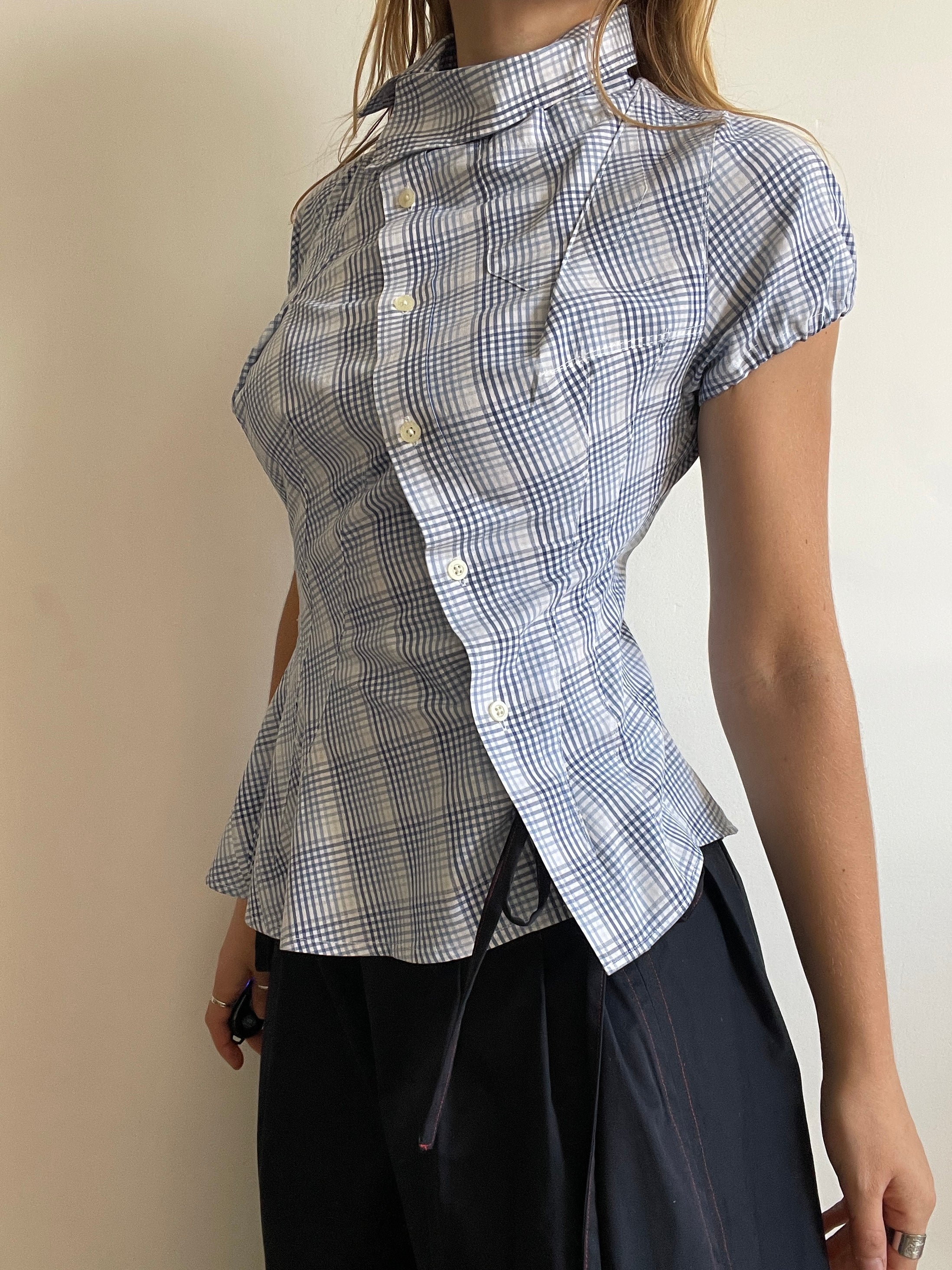 reworked blue check puff sleeve asymetrical shirt