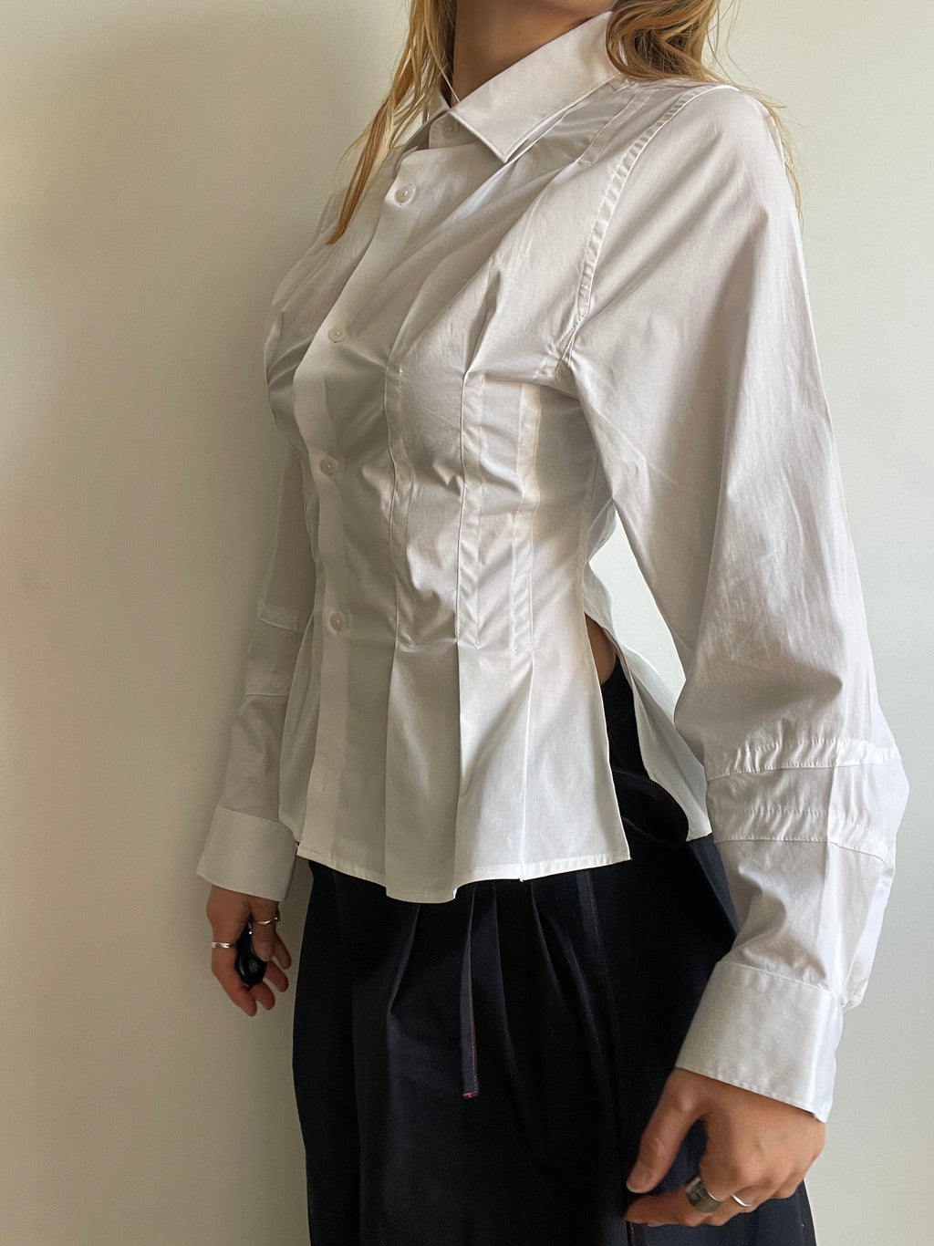 reworked white office pleated long sleeve shirt