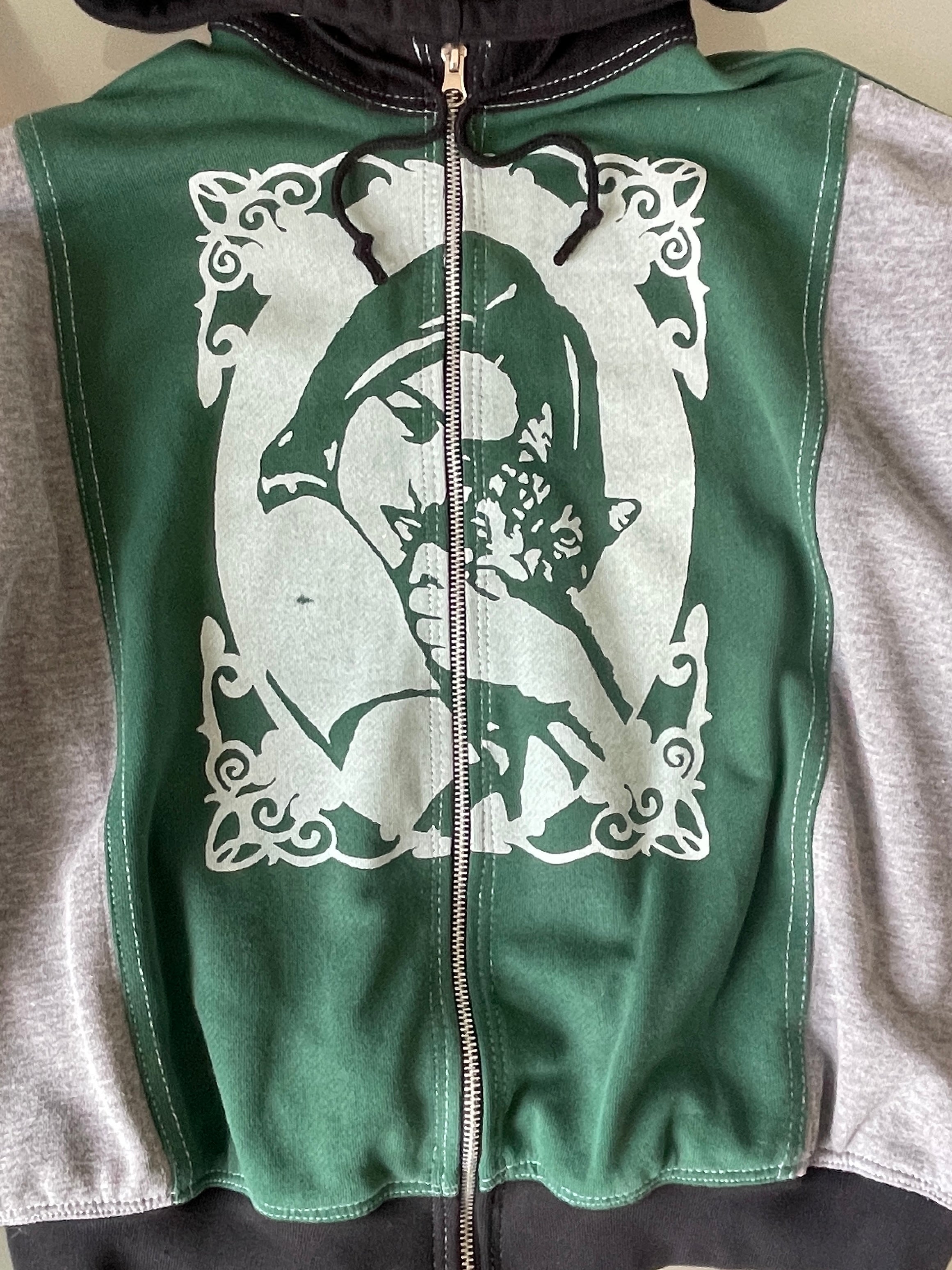 screen printed panelled cat girl zip up hoodie