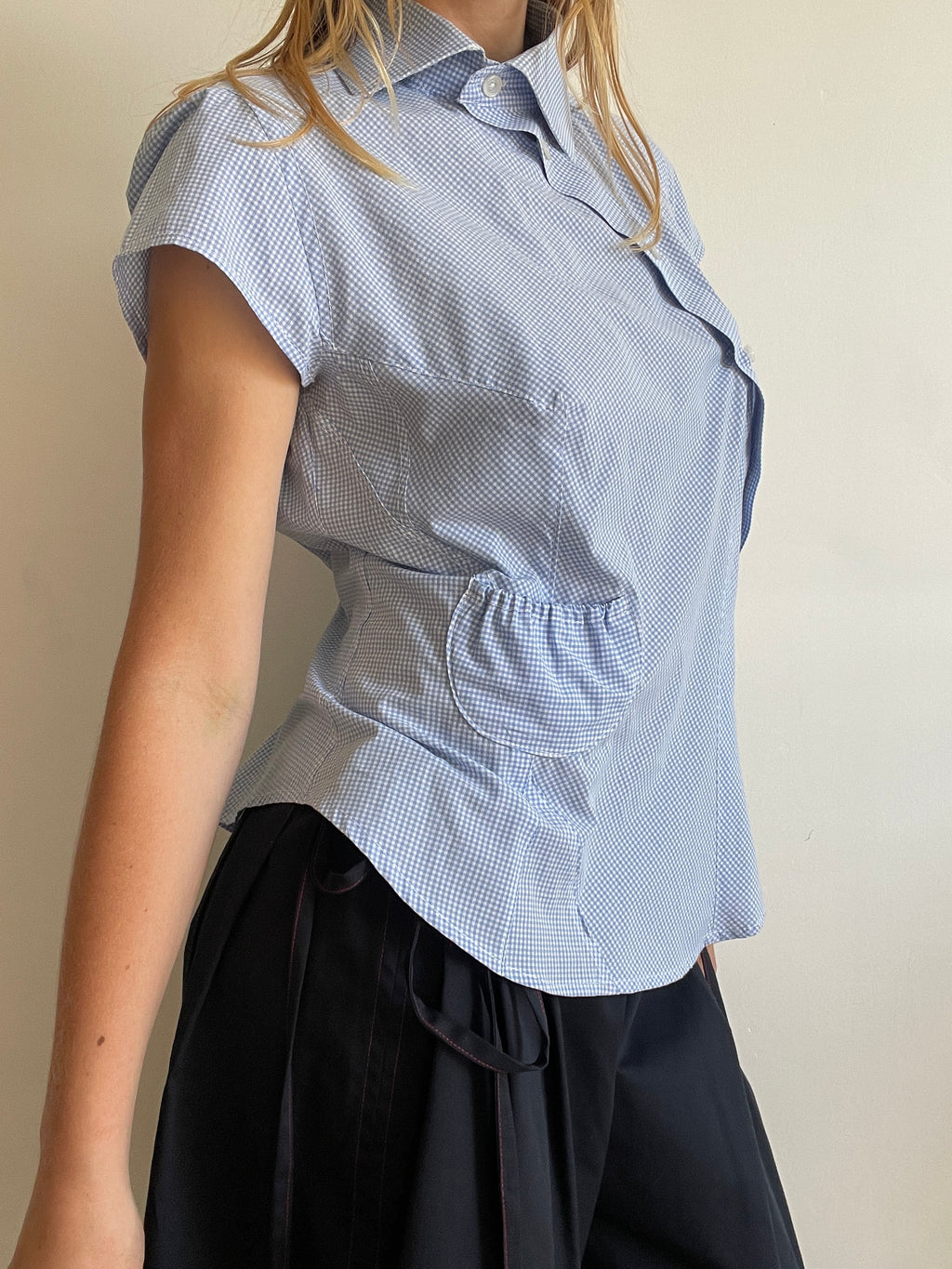 reworked asymetrical baby blue gingham pocket collar shirt