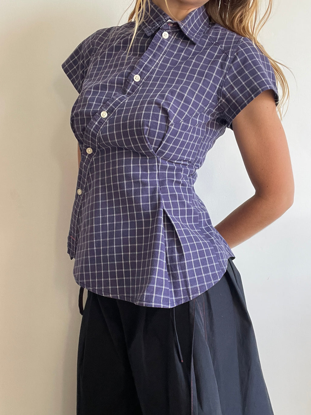 reworked blue grid check fitted blouse