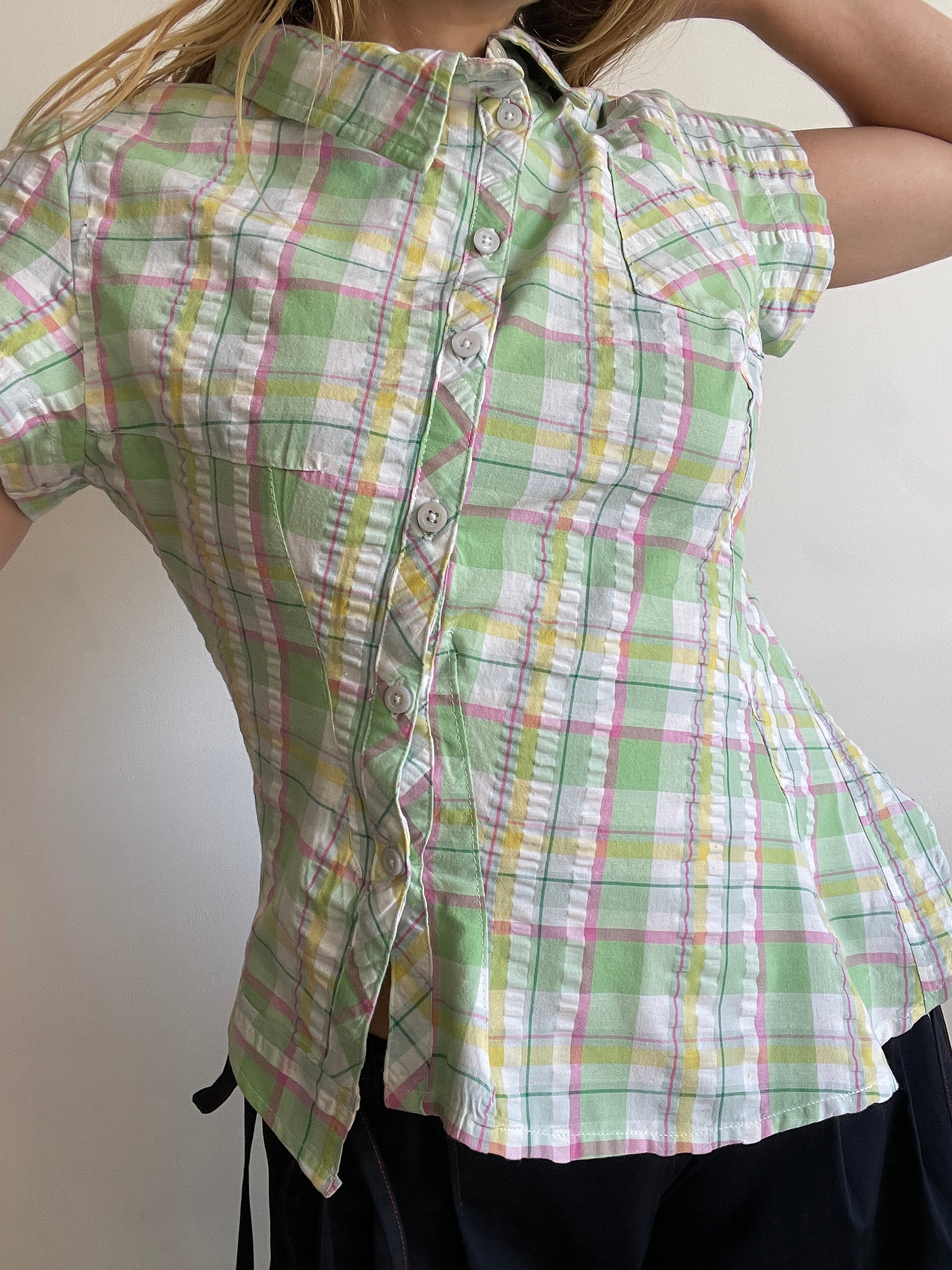 reworked seersucker tartan green pink fitted asymetrical shirt
