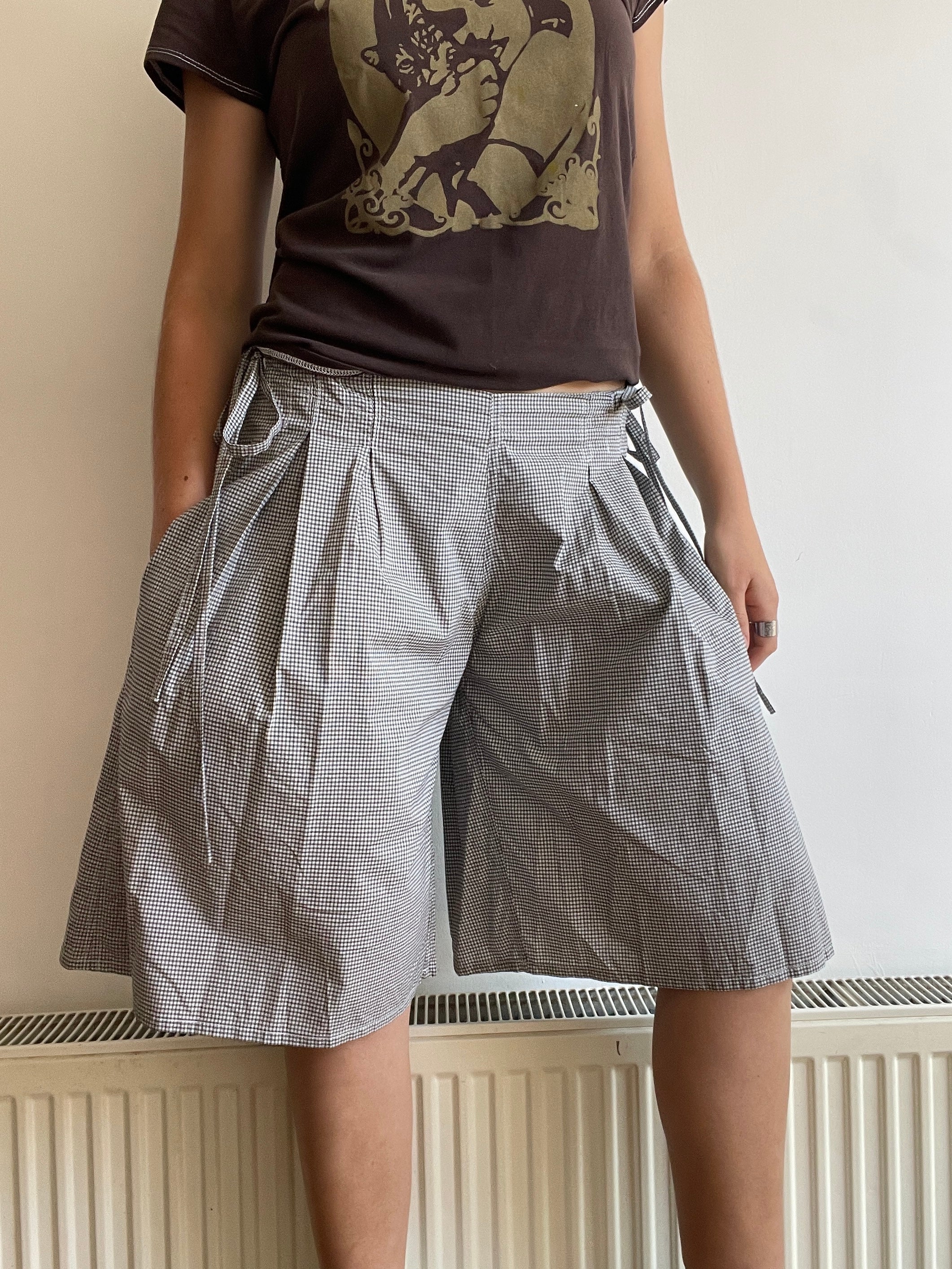 handmade pleated grey black check baggy shorts with pockets