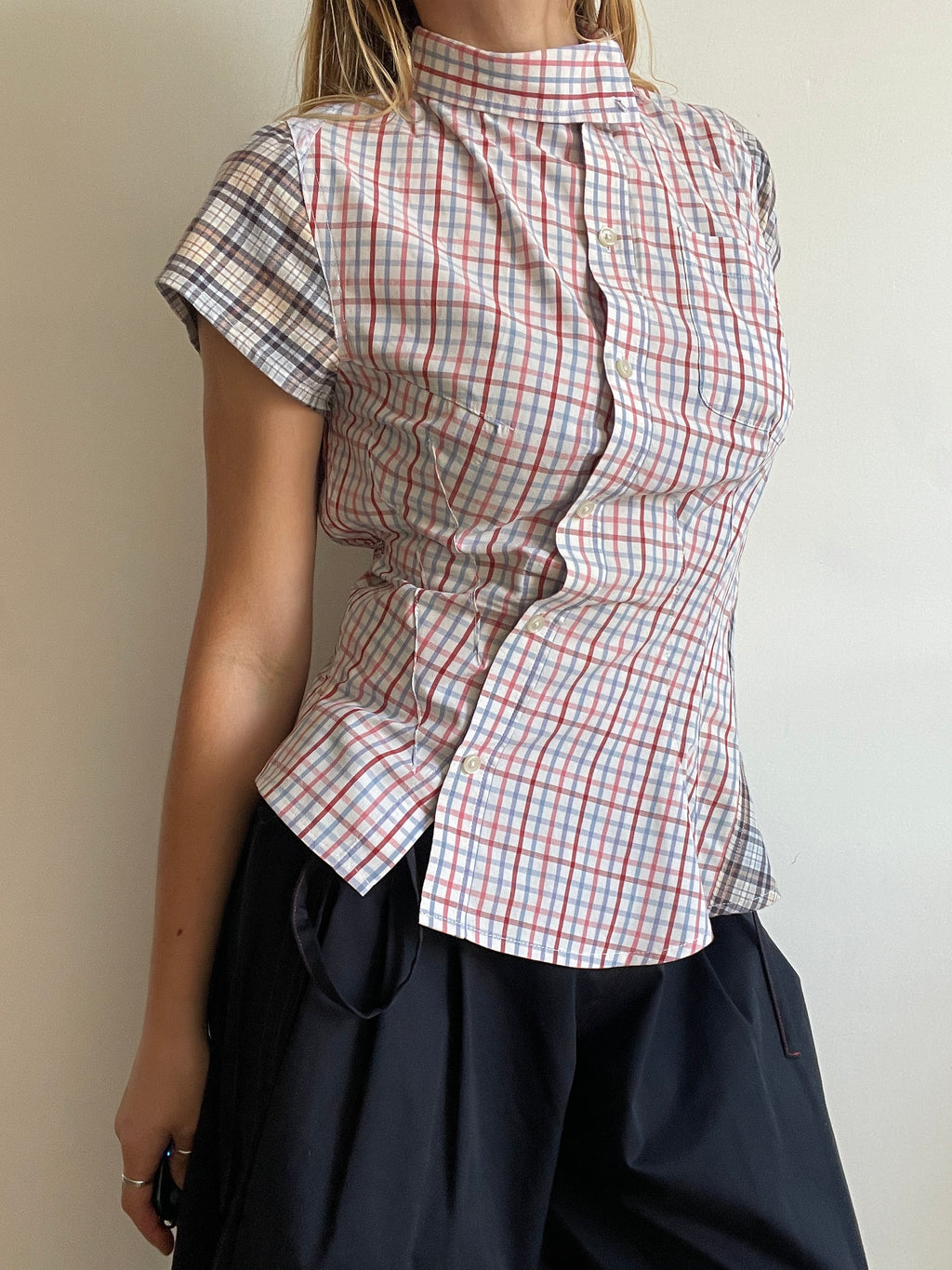 reworked patchwork check print fitted asymmetrical blouse