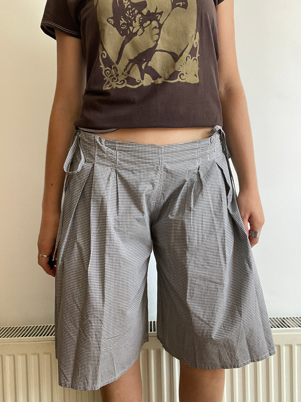 handmade pleated grey black check baggy shorts with pockets