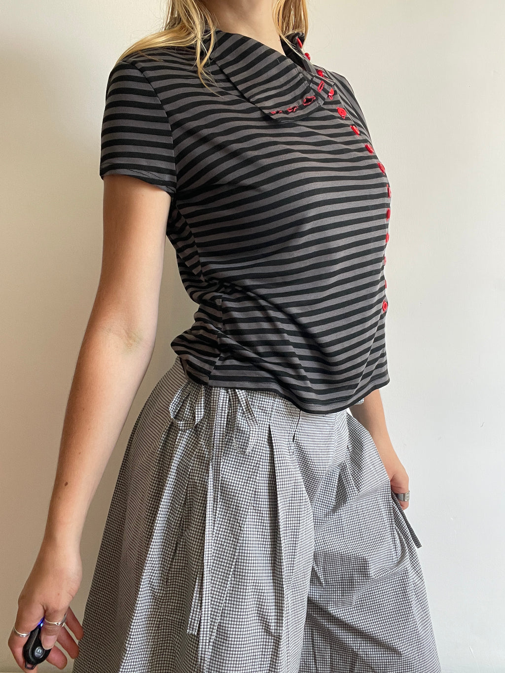 handmade grey stripe button up asymmetrical t shirt