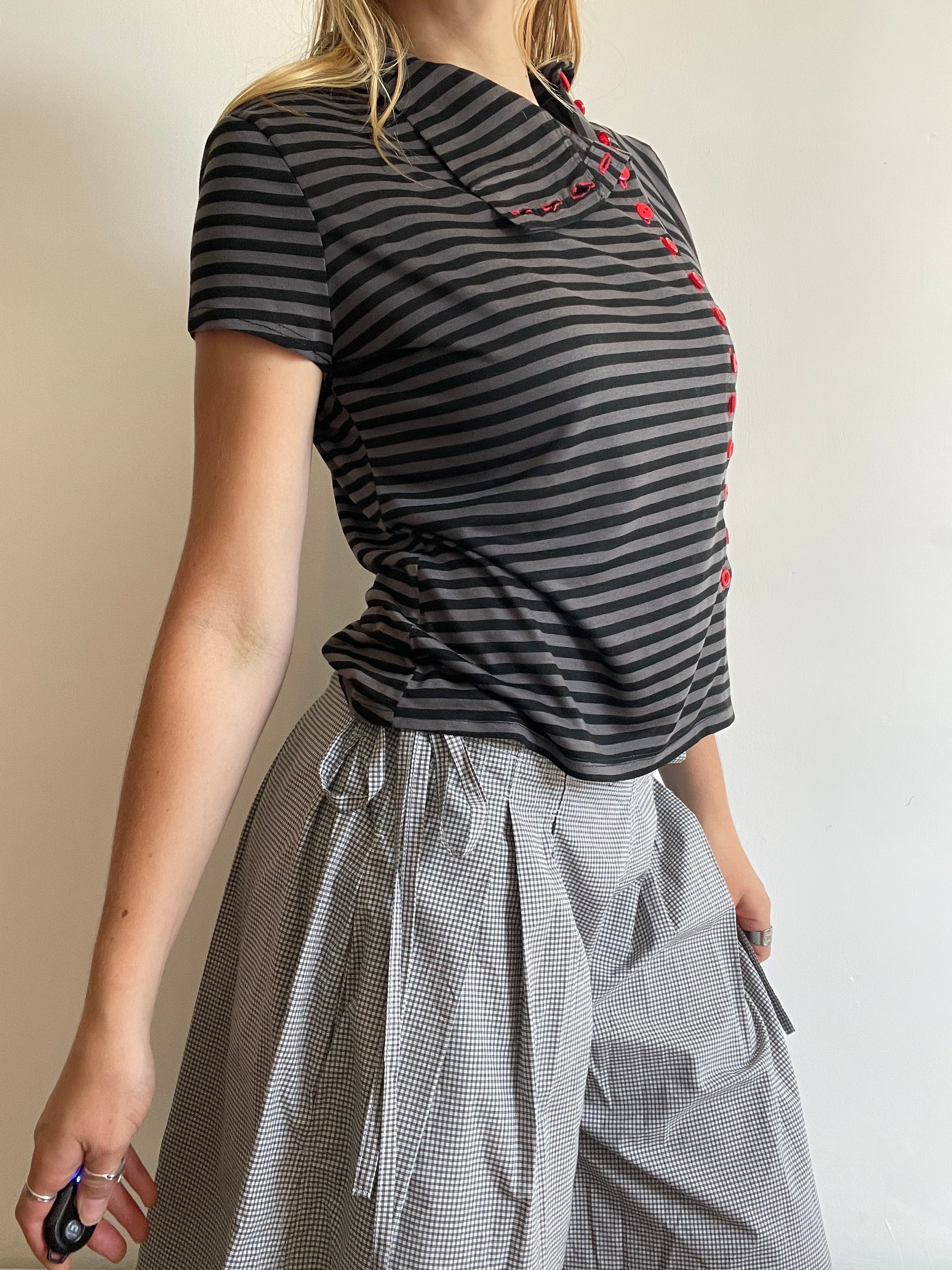 handmade grey stripe button up asymmetrical t shirt