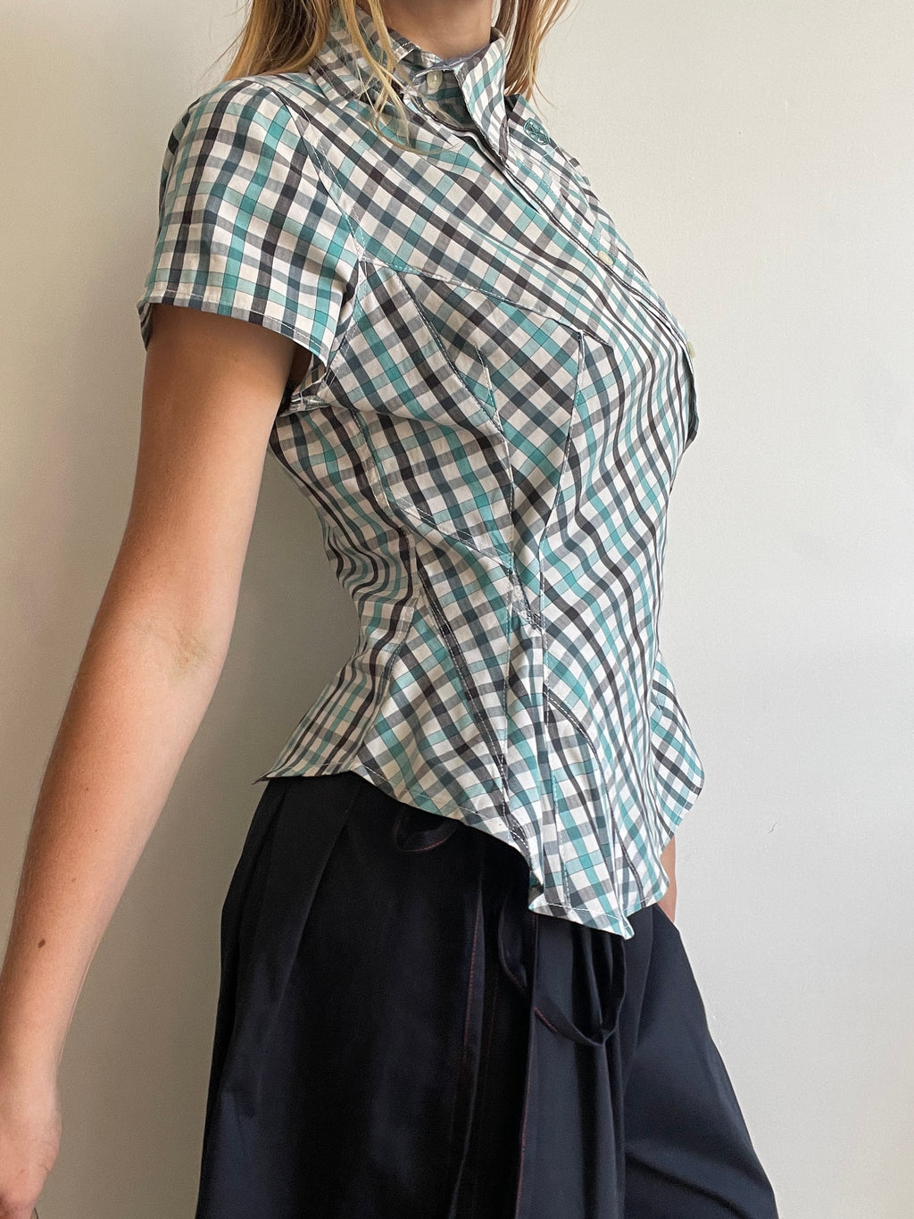 reworked blue black check fitted blouse