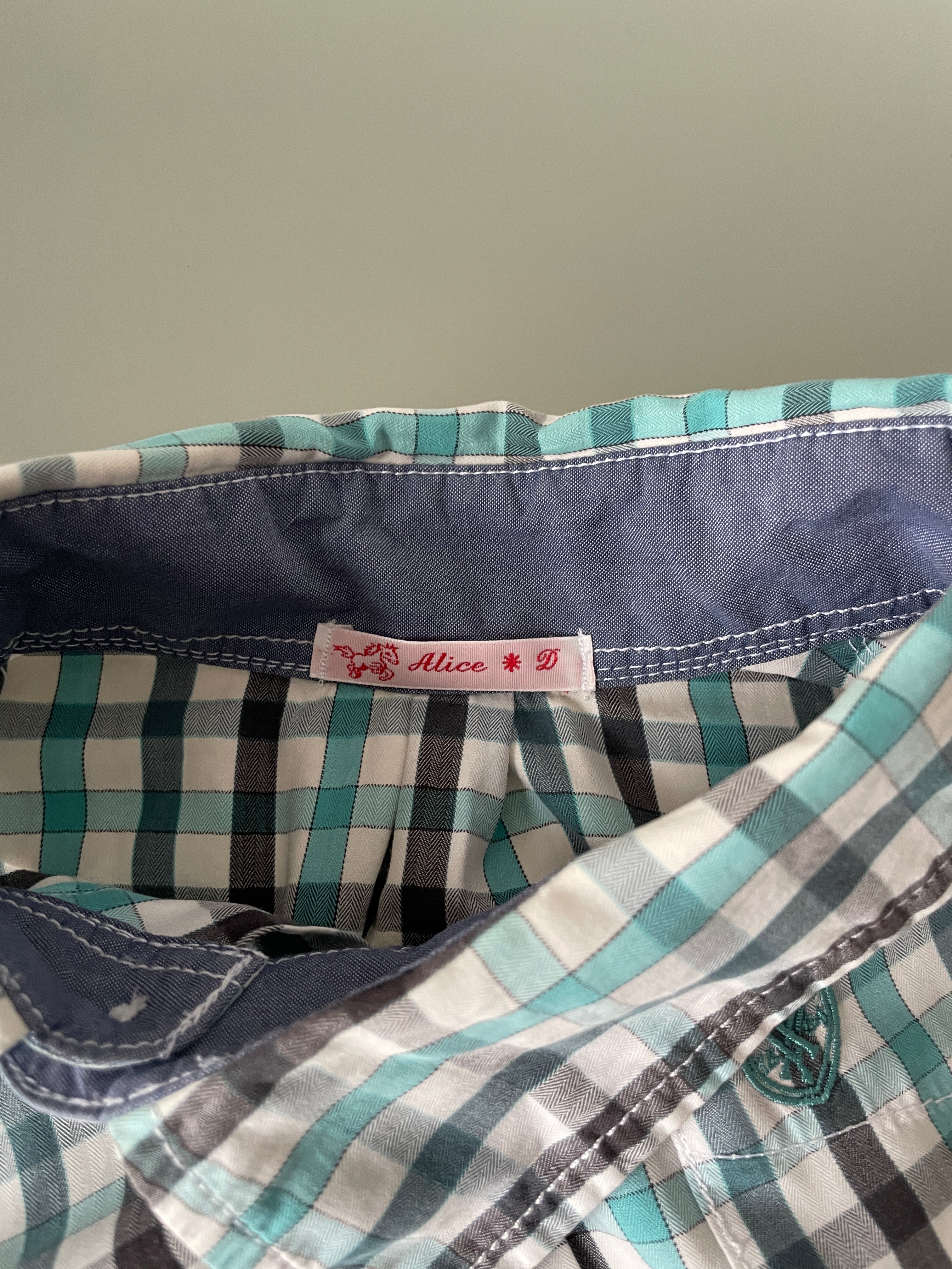 reworked blue black check fitted blouse