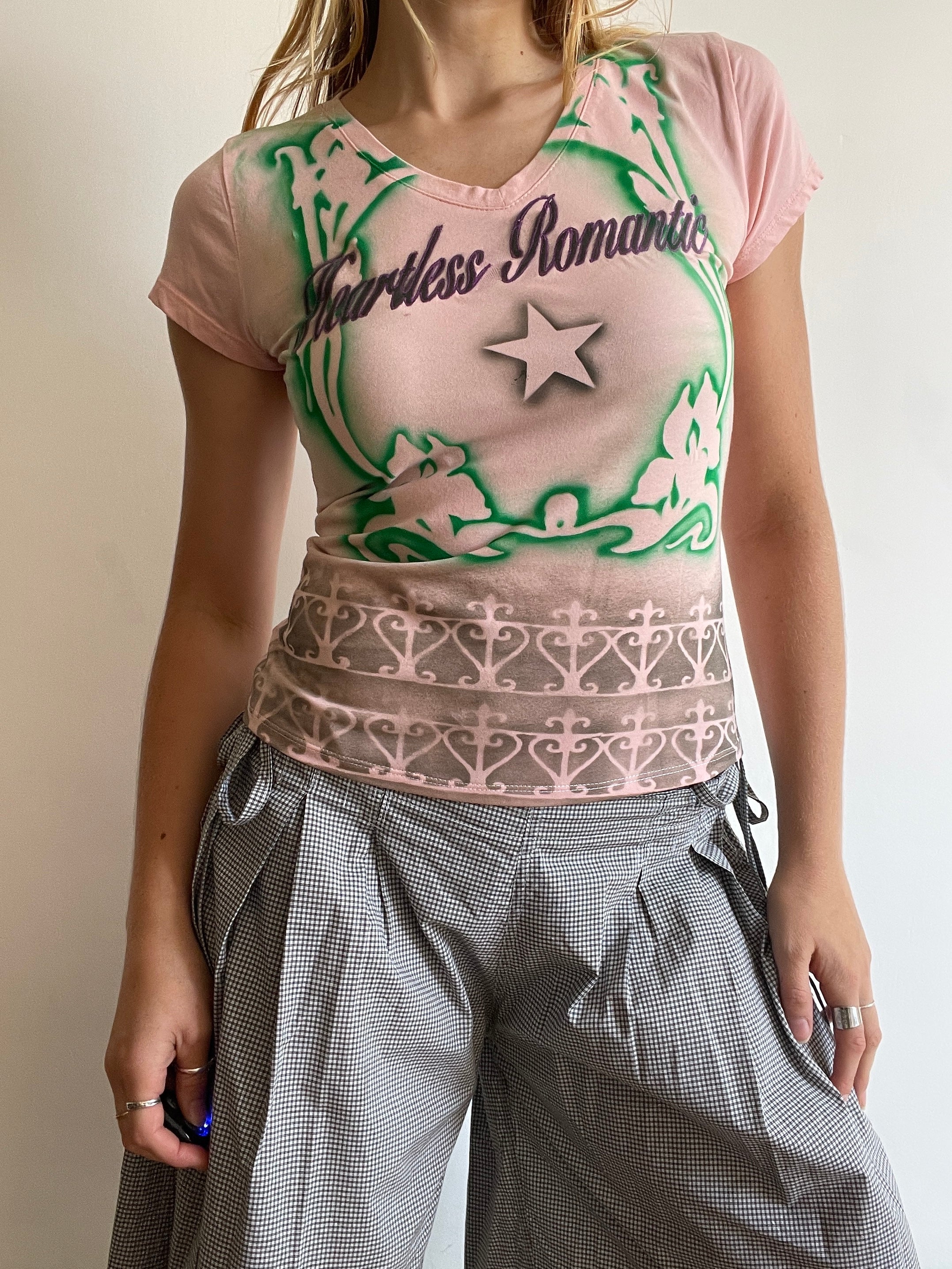 handmade airbrushed stencil print heartless romantic baby tee