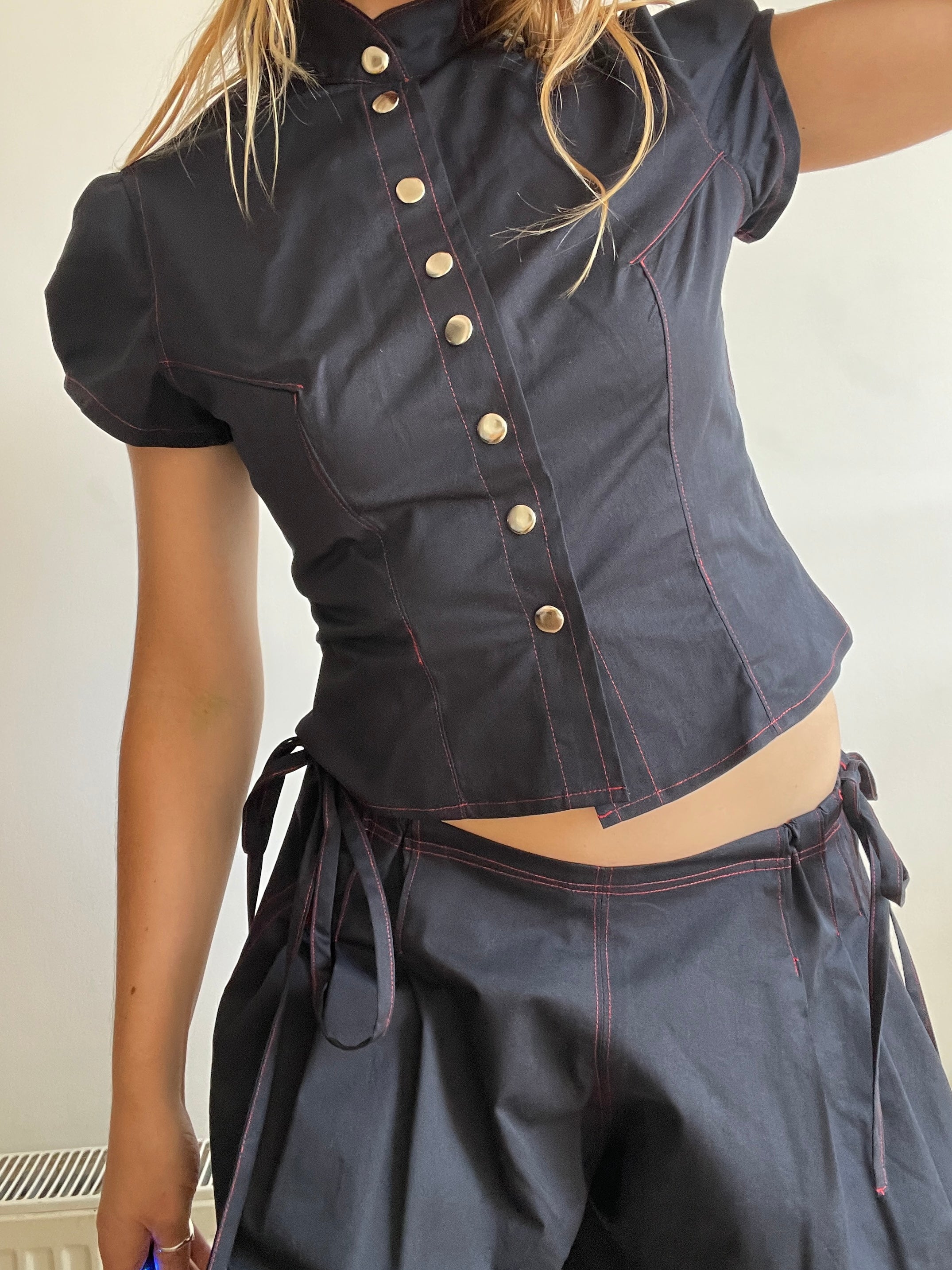 handmade matching set navy stretch baggy shorts and shirt
