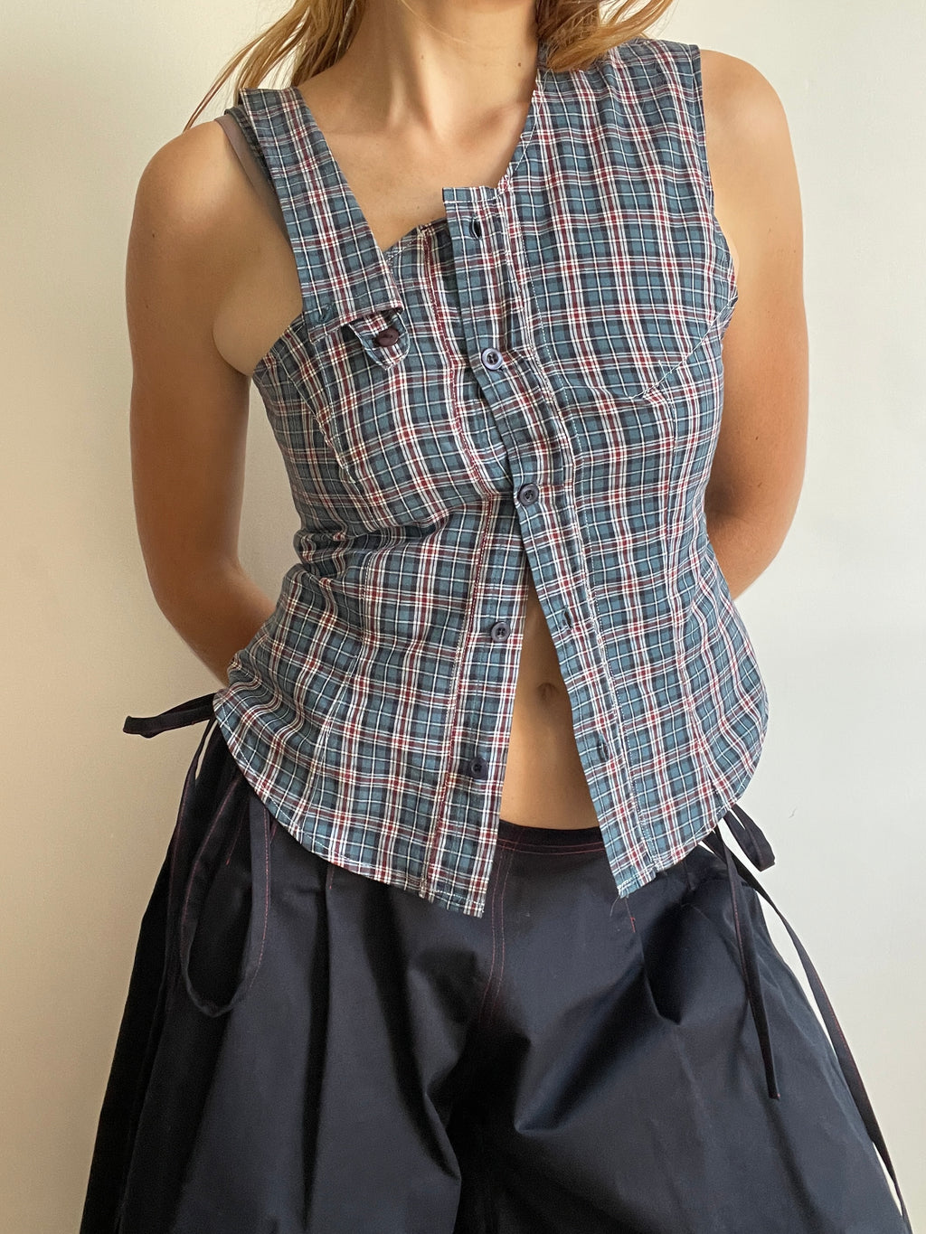 reworked one shoulder check button up tank with removable collar strap