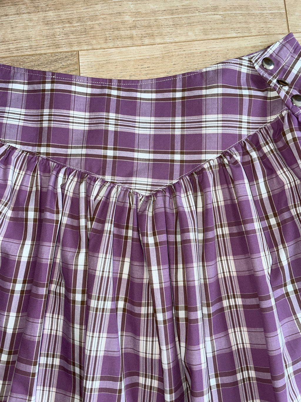 handmade metal popper button purple plaid gathered skirt