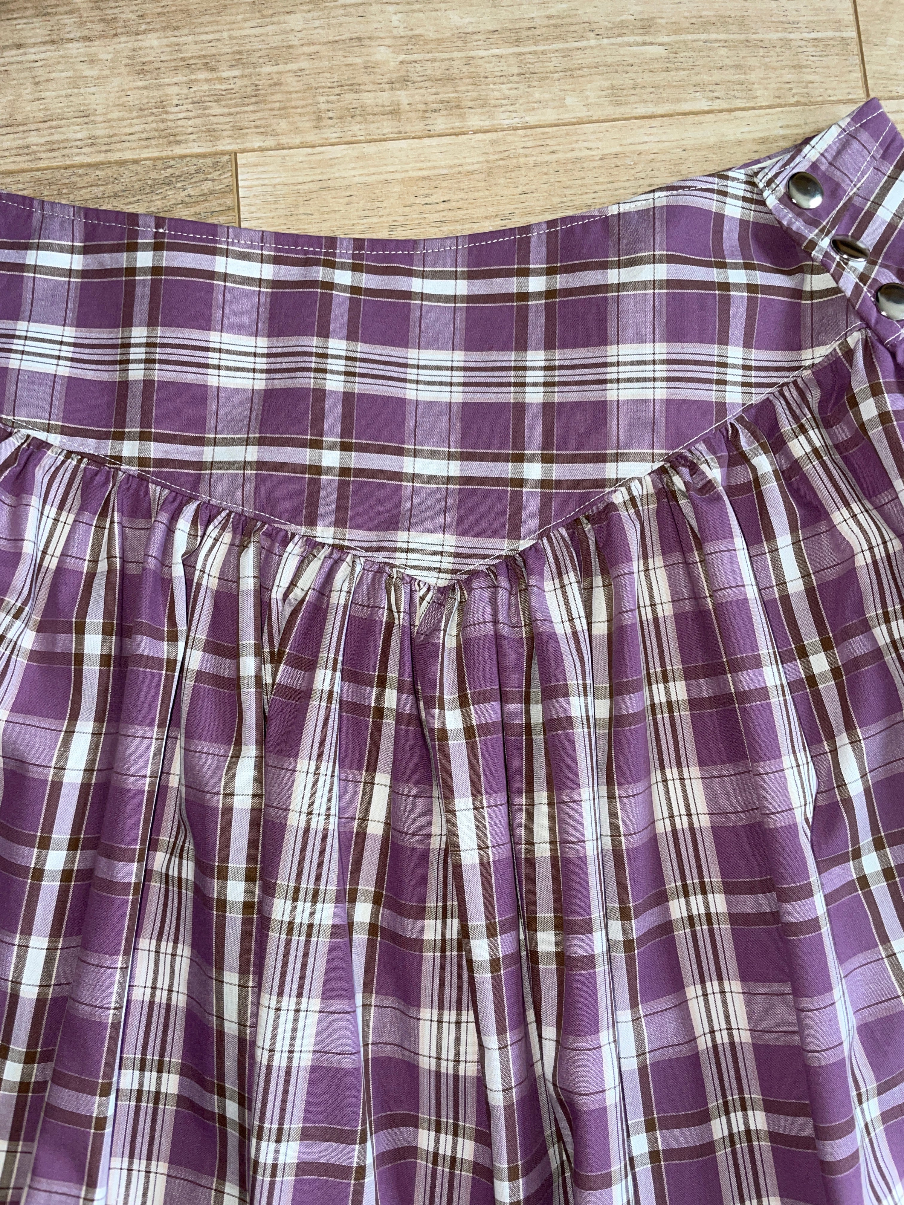 handmade metal popper button purple plaid gathered skirt