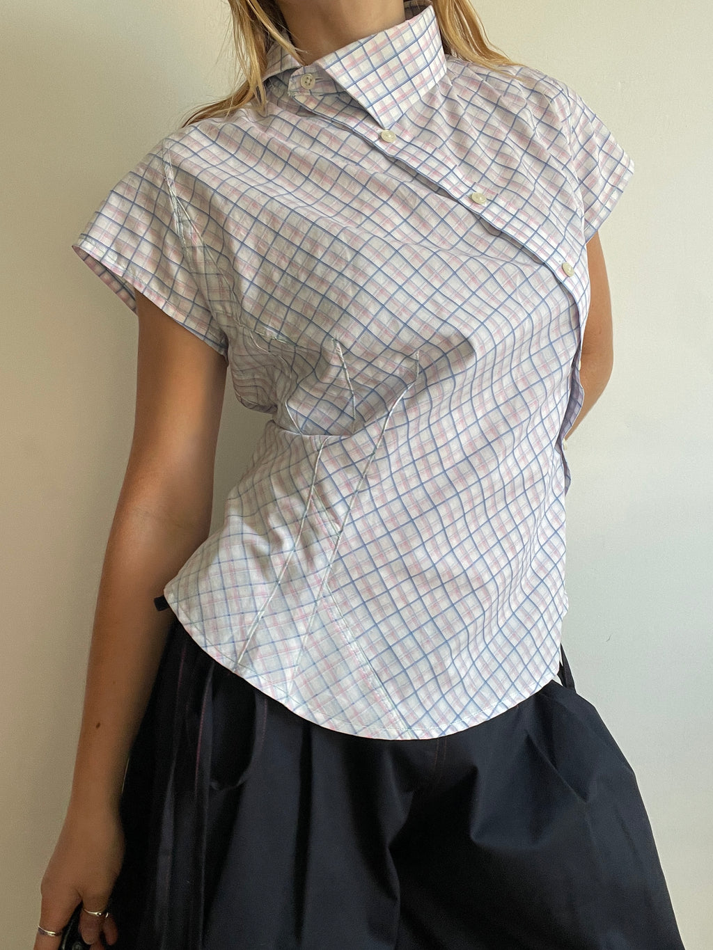 reworked pastel button up asymetrical shirt