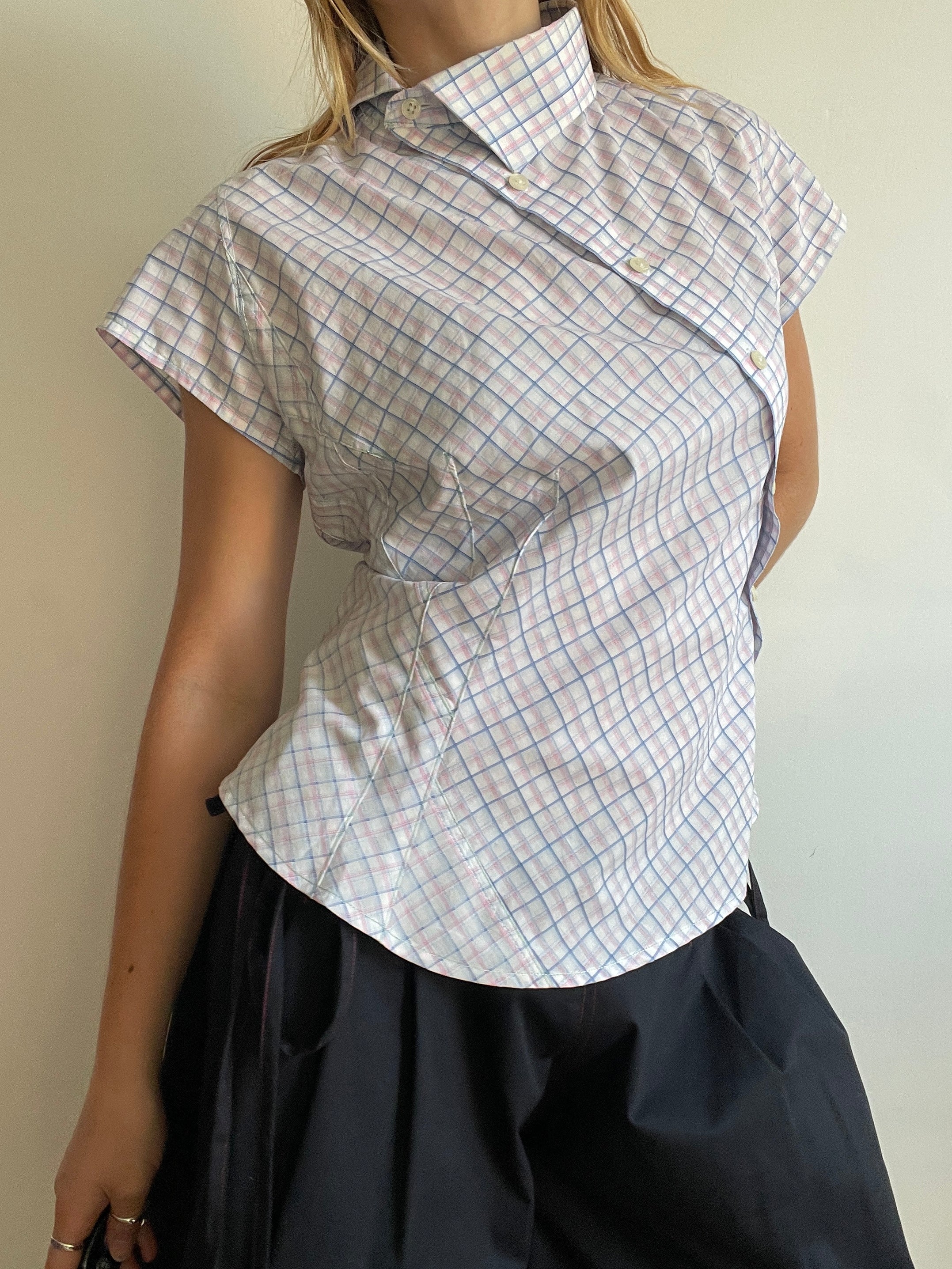 reworked pastel button up asymetrical shirt