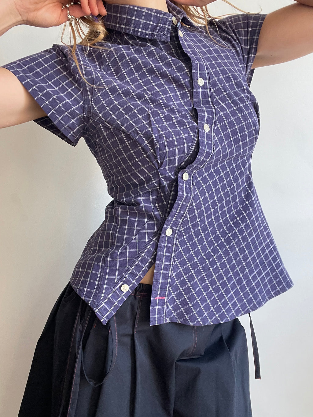reworked blue grid check fitted blouse