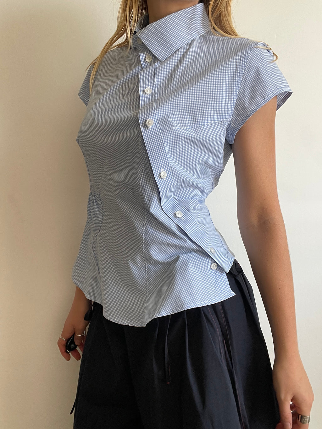 reworked asymetrical baby blue gingham pocket collar shirt