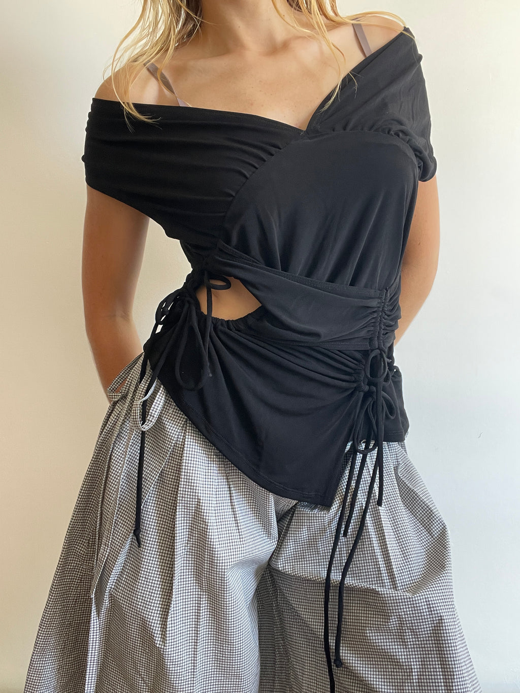 handmade slinky black ruched panel tie top