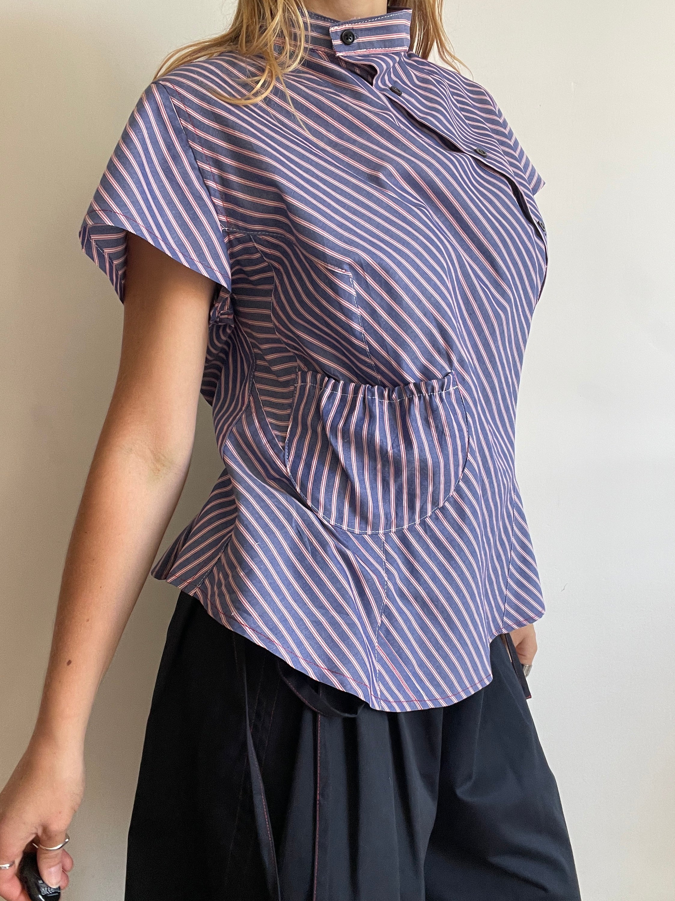 reworked striped pocket button up asymetrical shirt