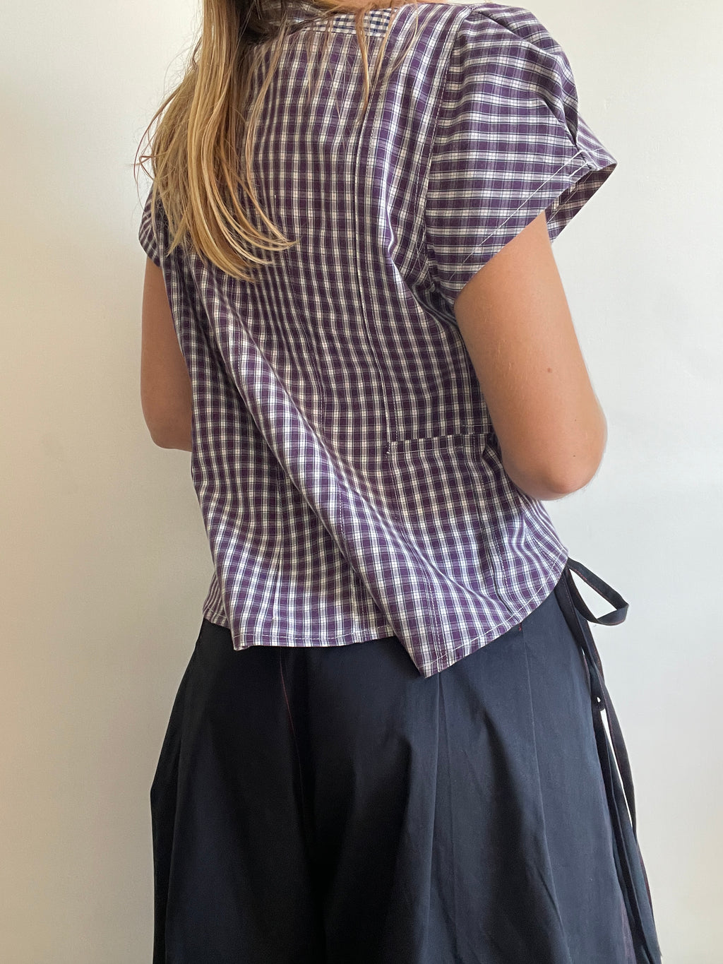 reworked asymetrical purple check shirt