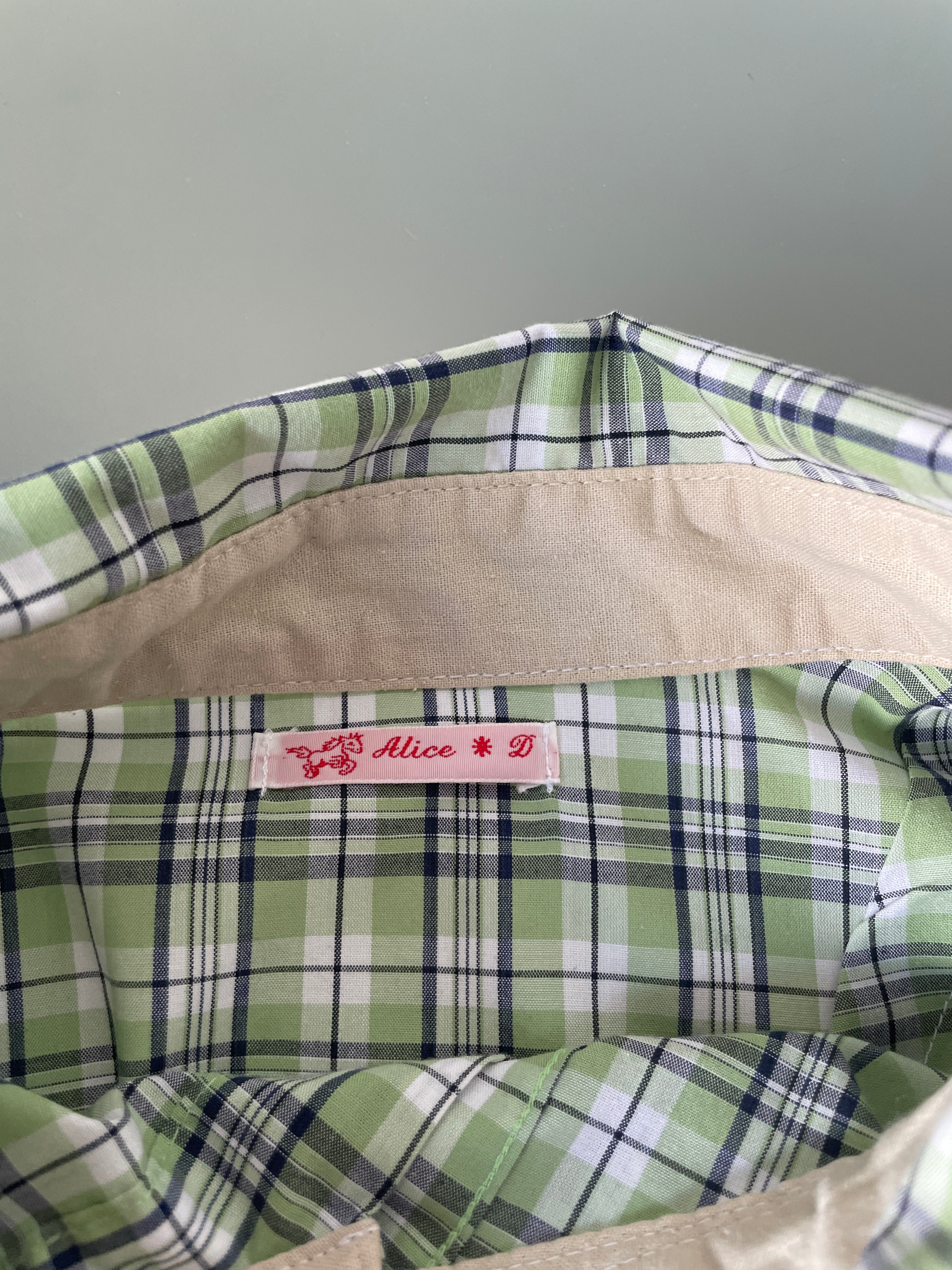 reworked green beige check puffed sleeve fitted blouse