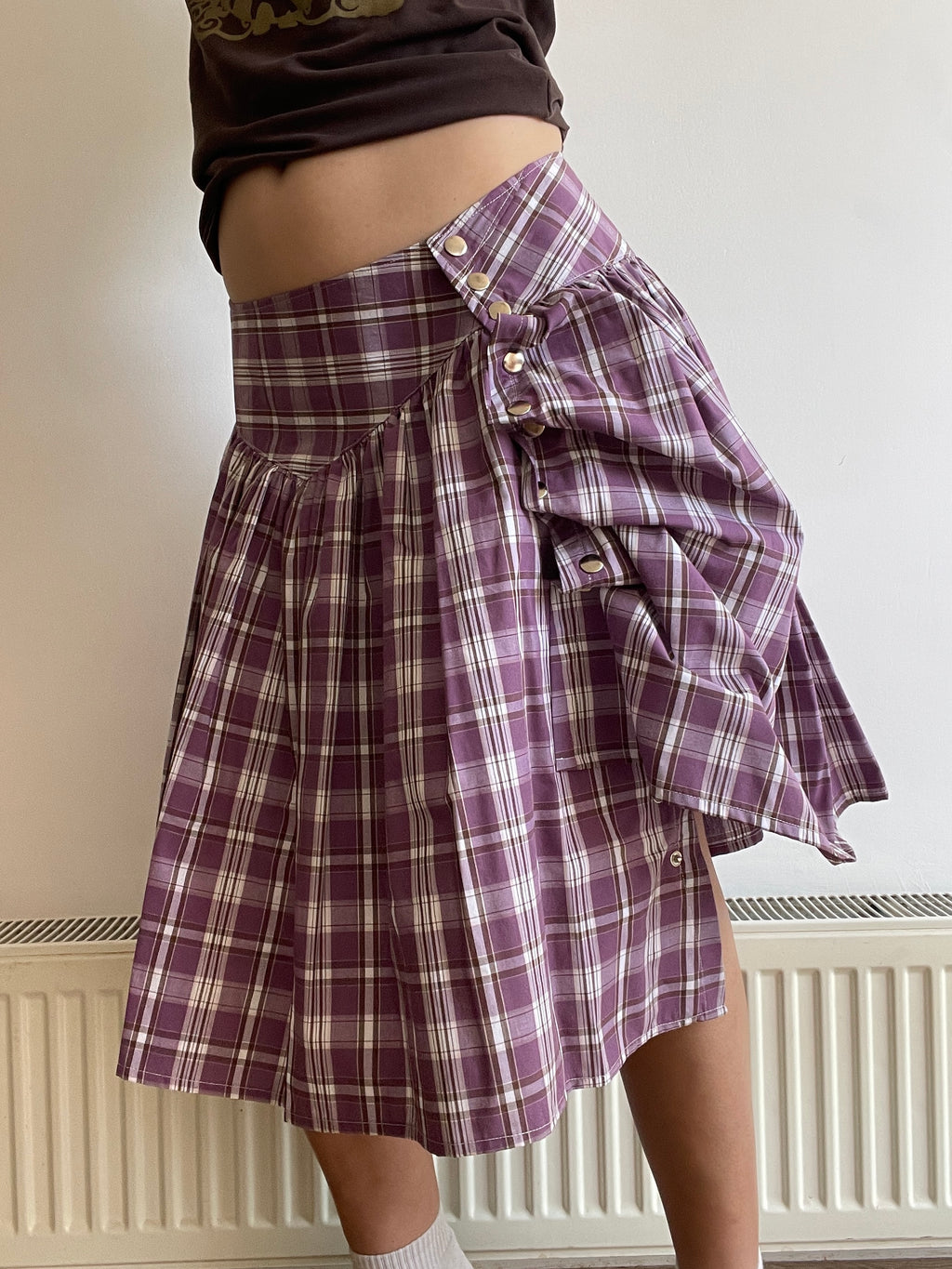 handmade metal popper button purple plaid gathered skirt