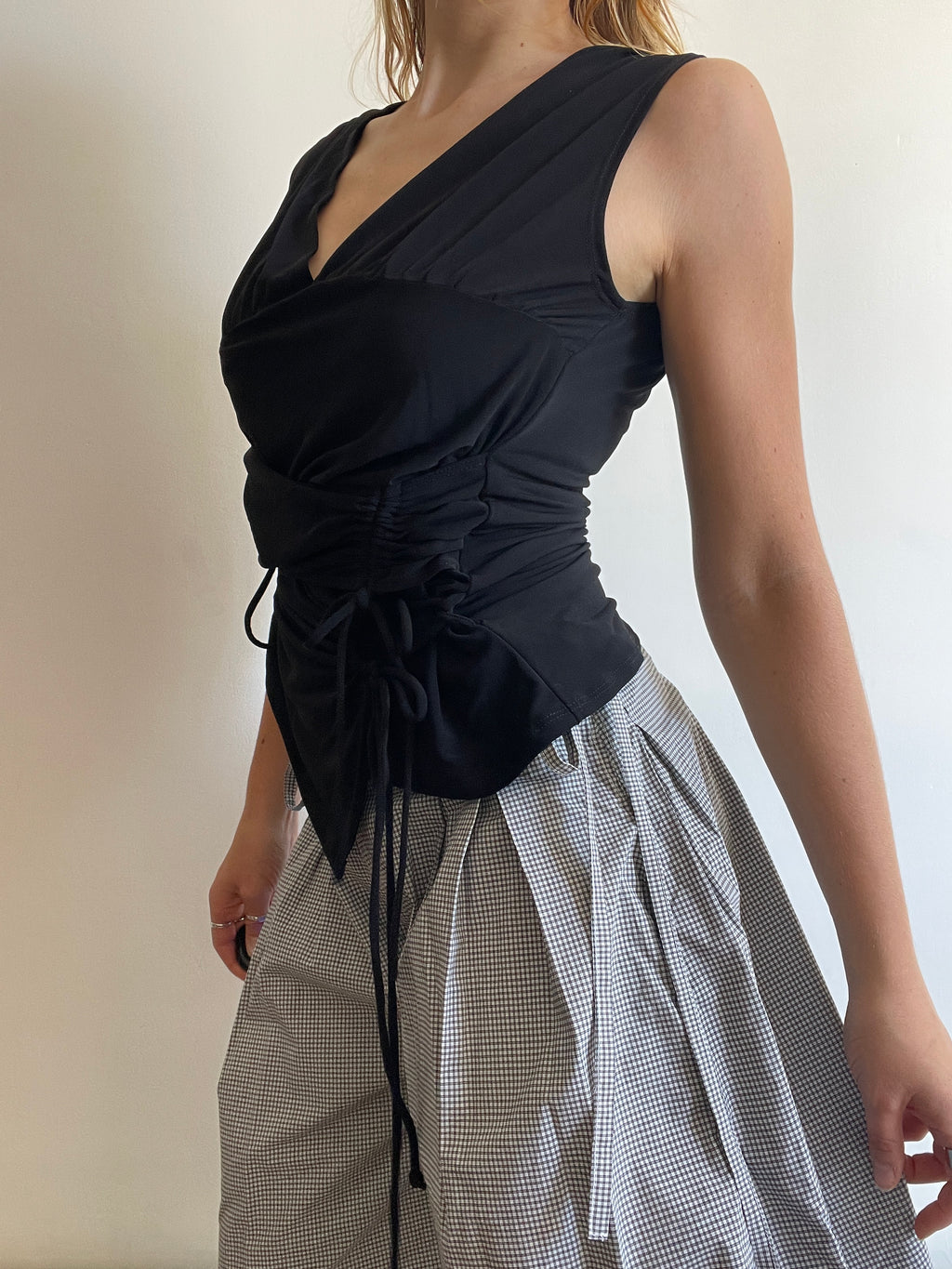 handmade slinky black ruched panel tie top