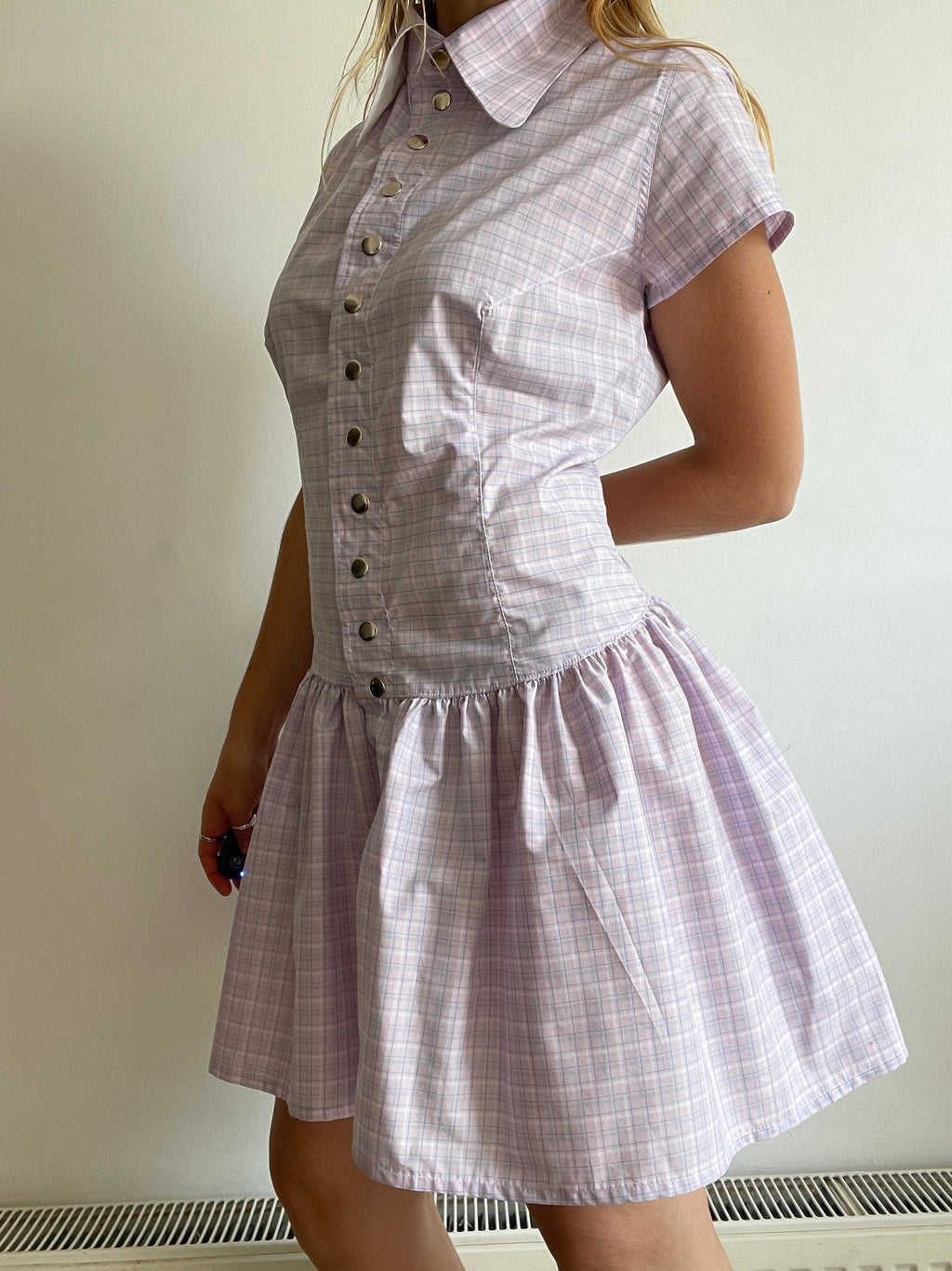 pink purple check snap button gathered drop waist dress with oversized collar