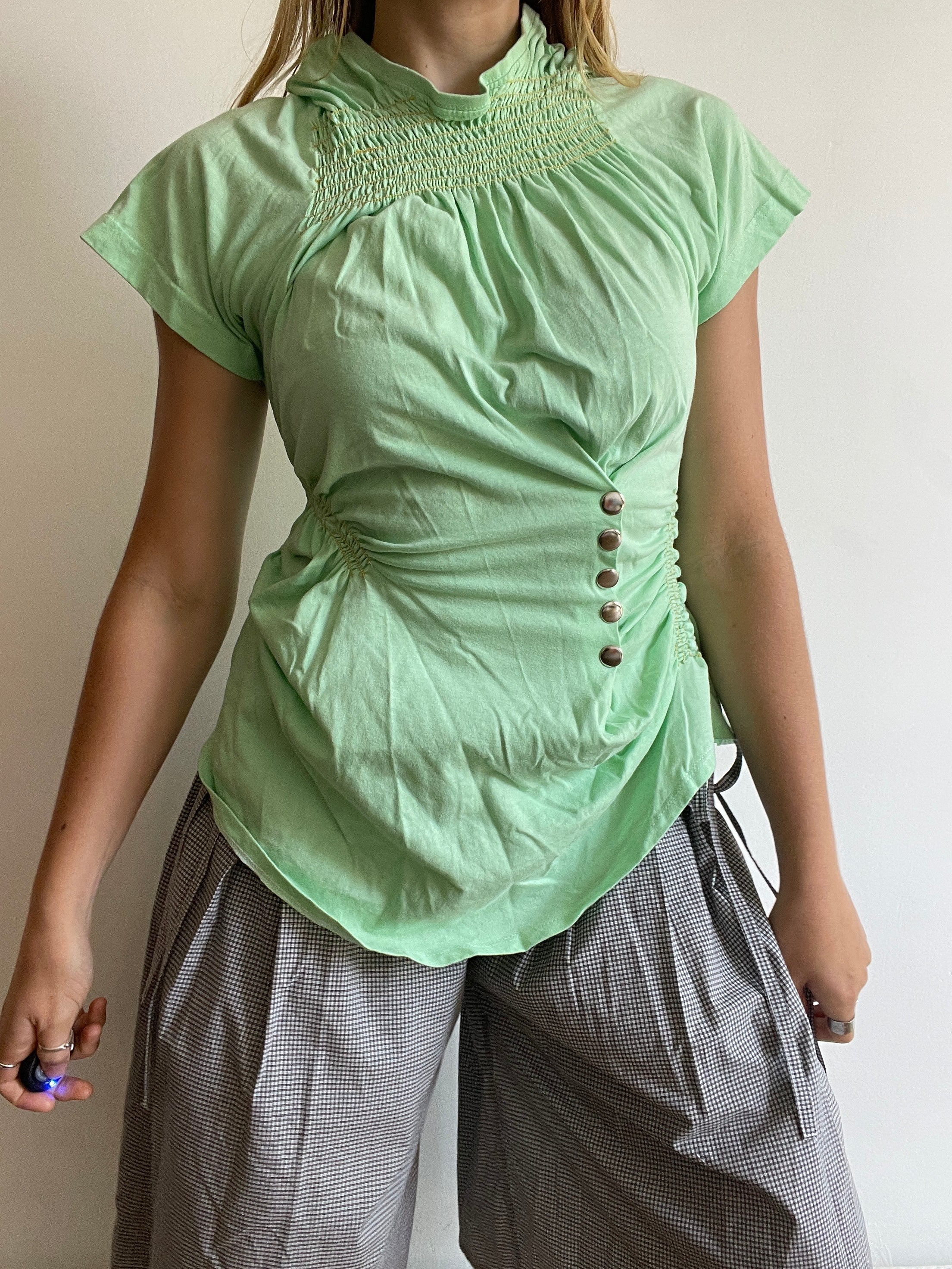 reworked mint green ruched snapper button slinky tee