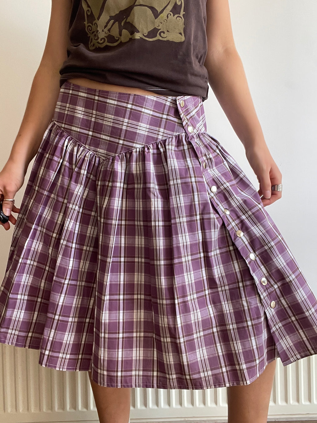 handmade metal popper button purple plaid gathered skirt