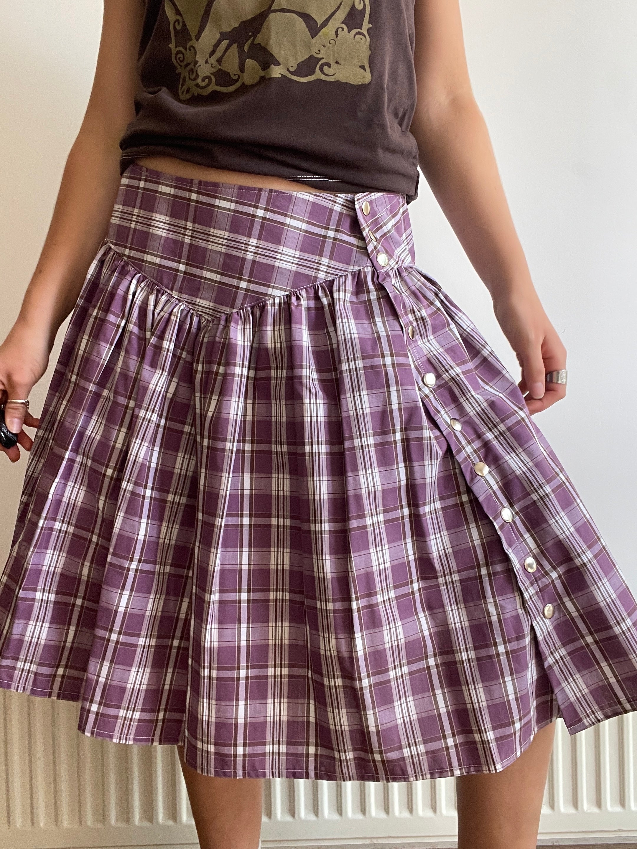 handmade metal popper button purple plaid gathered skirt
