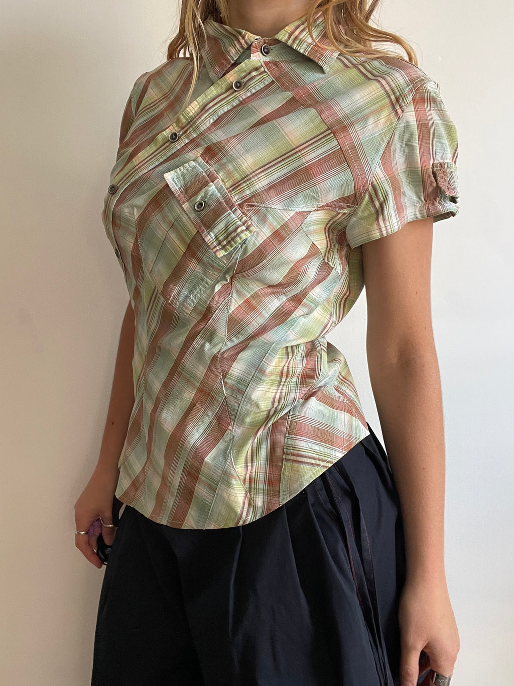 reworked pastel button up asymetrical shirt