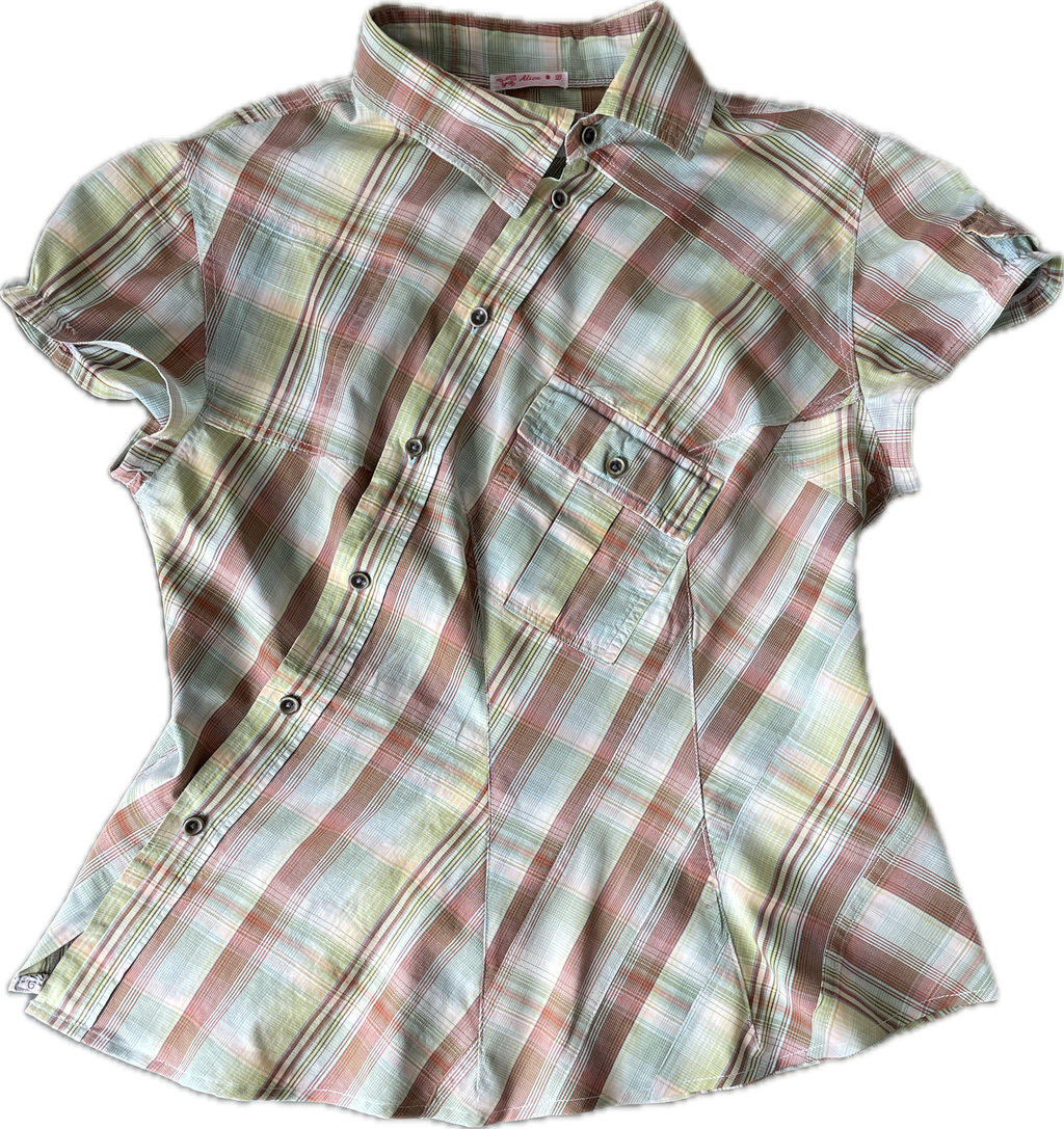 reworked pastel button up asymetrical shirt