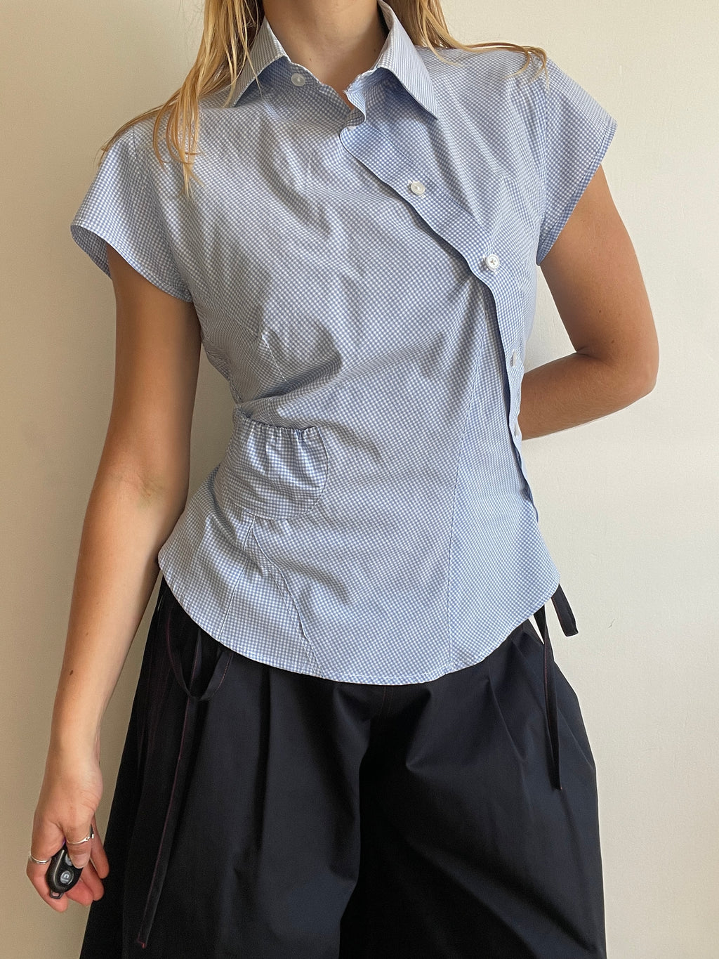 reworked asymetrical baby blue gingham pocket collar shirt
