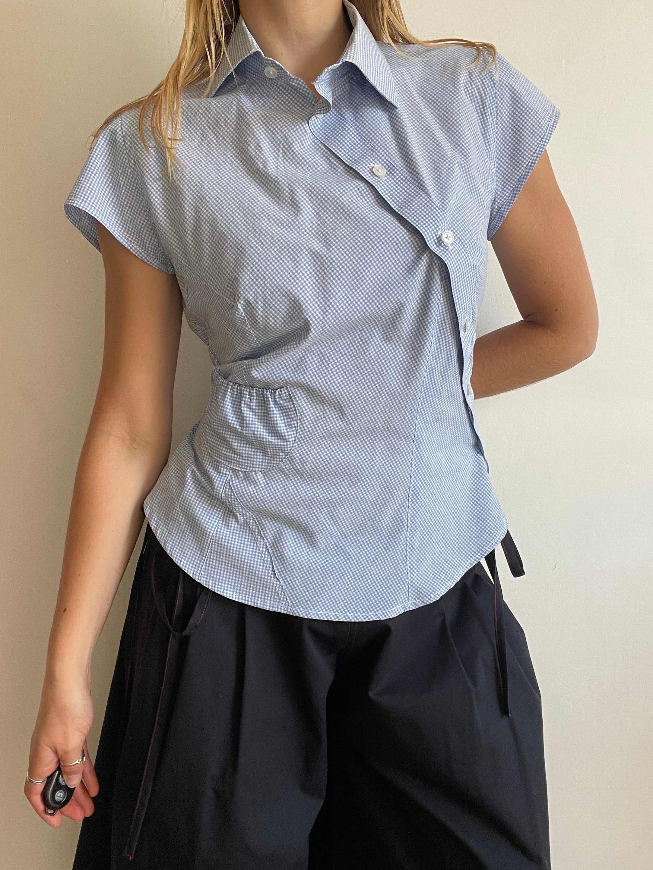 reworked asymetrical baby blue gingham pocket collar shirt