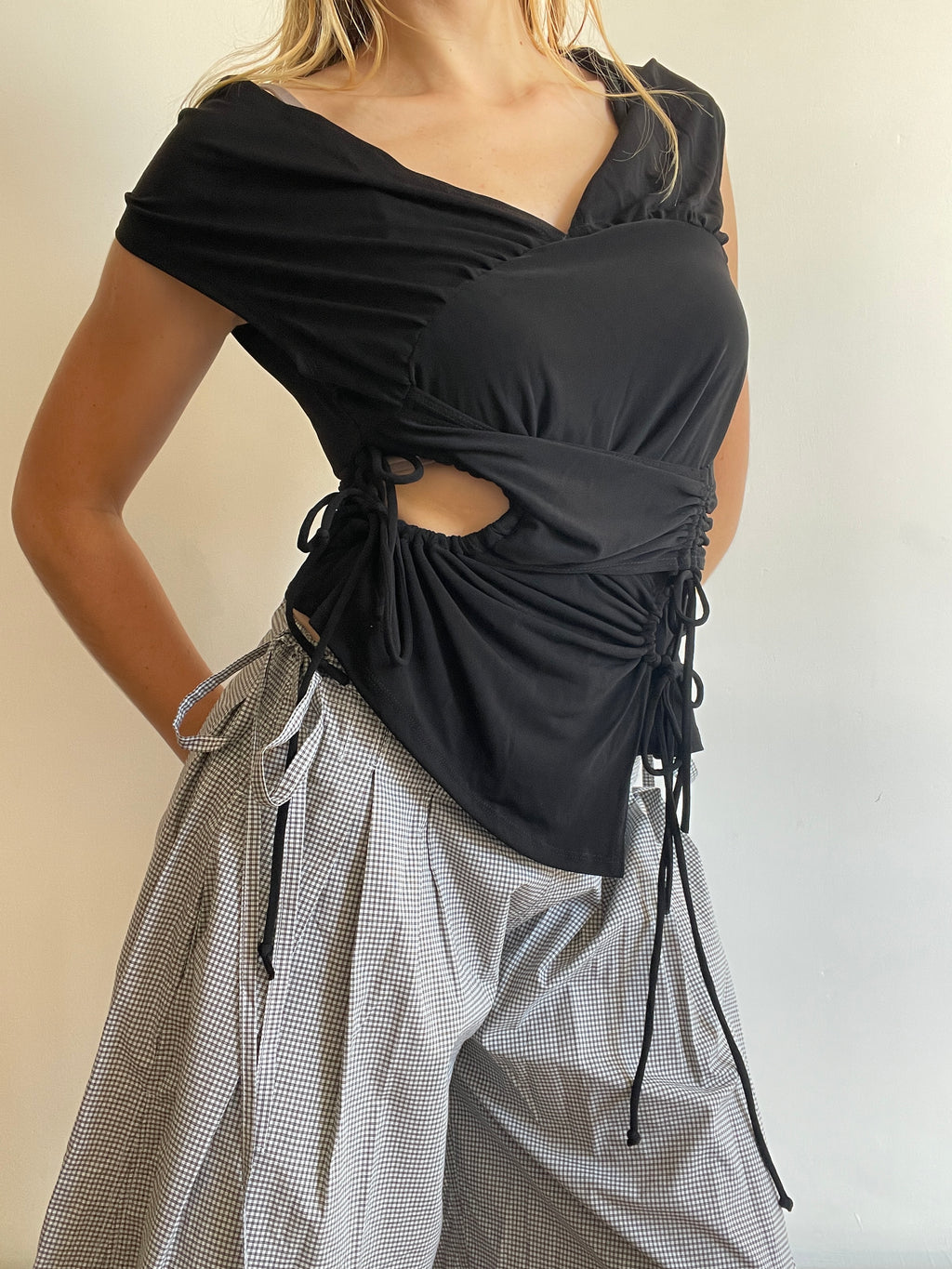 handmade slinky black ruched panel tie top