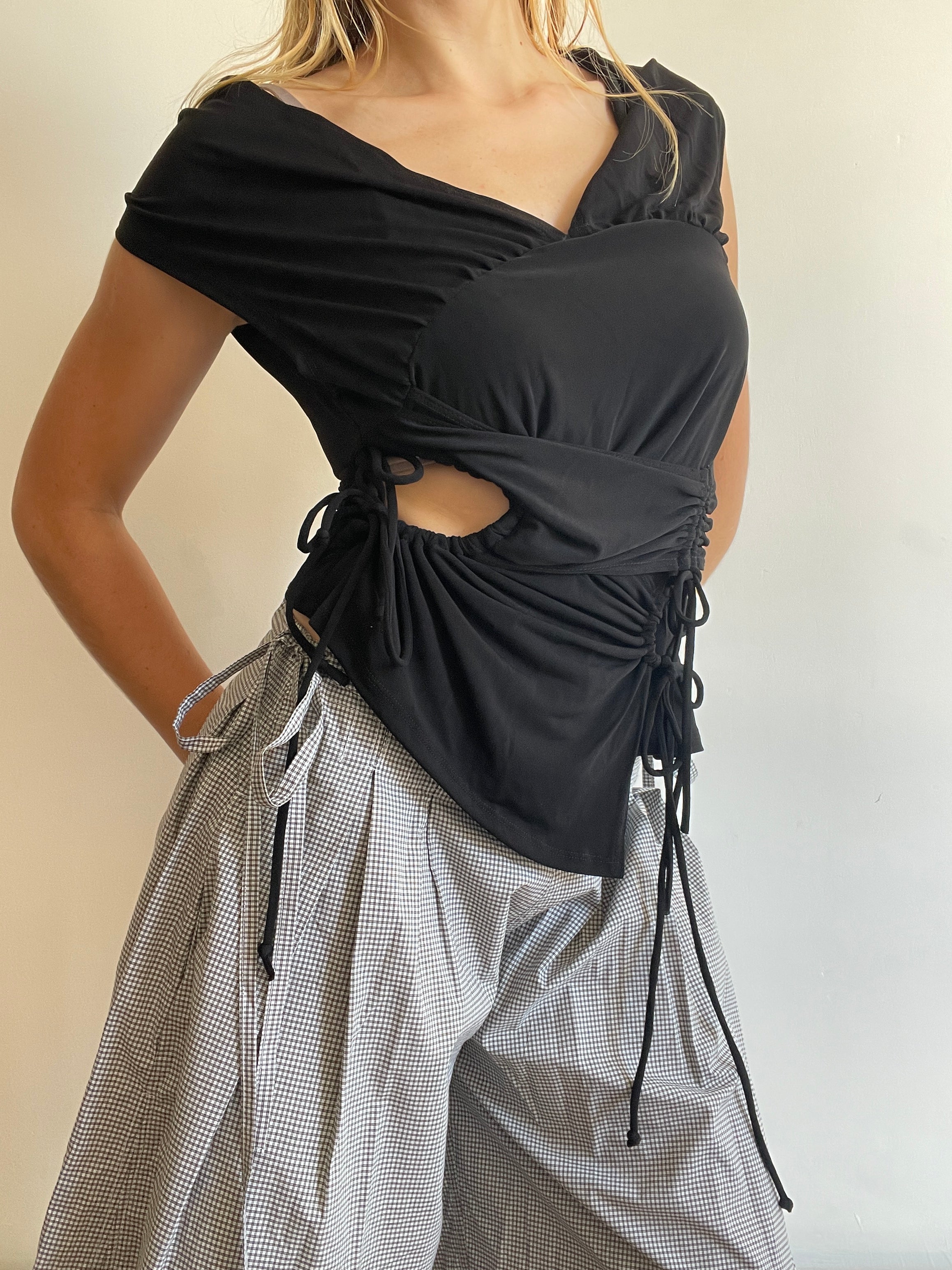 handmade slinky black ruched panel tie top